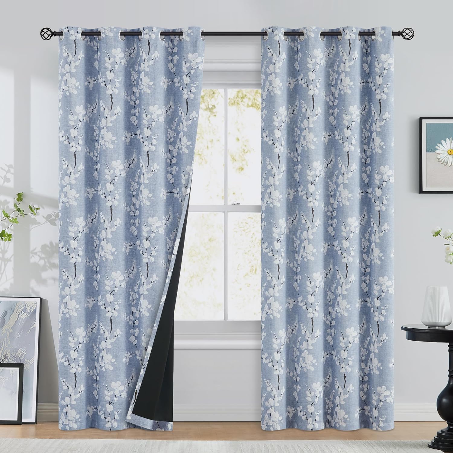BFAM Floral Print 100% Blackout Curtain with Black Linning at Back, Floral Print Curtains for Living Room/Bedroom Thermal Insulated Energey Saving Blossom Curtain, Sold as 1 Curtain-picture-10