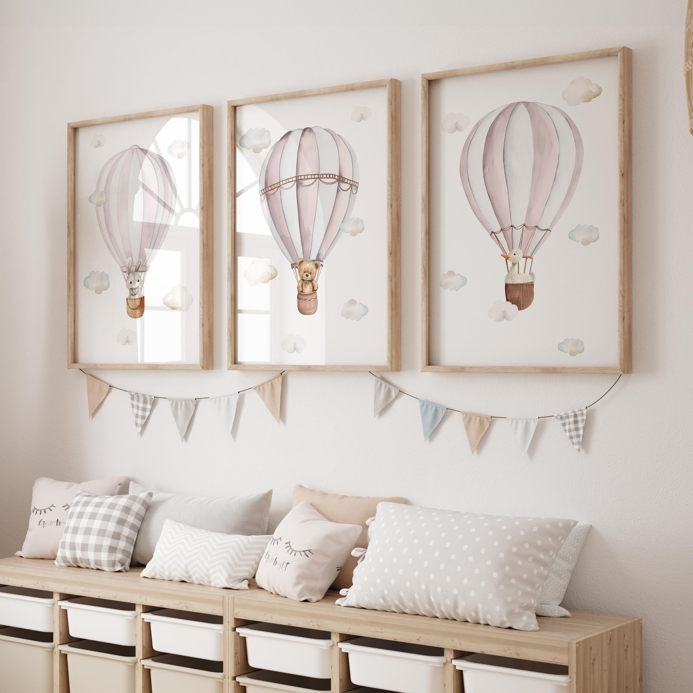 Rose Rowan Design Set of 3 Hot Air Balloon Prints for Nursery, Bedroom,Playroom - Gender Neutral Decor for Babies Room - Pastel Colours - Bunny, Goose, Bears (Bunny Goose Bear - Pink, A4)