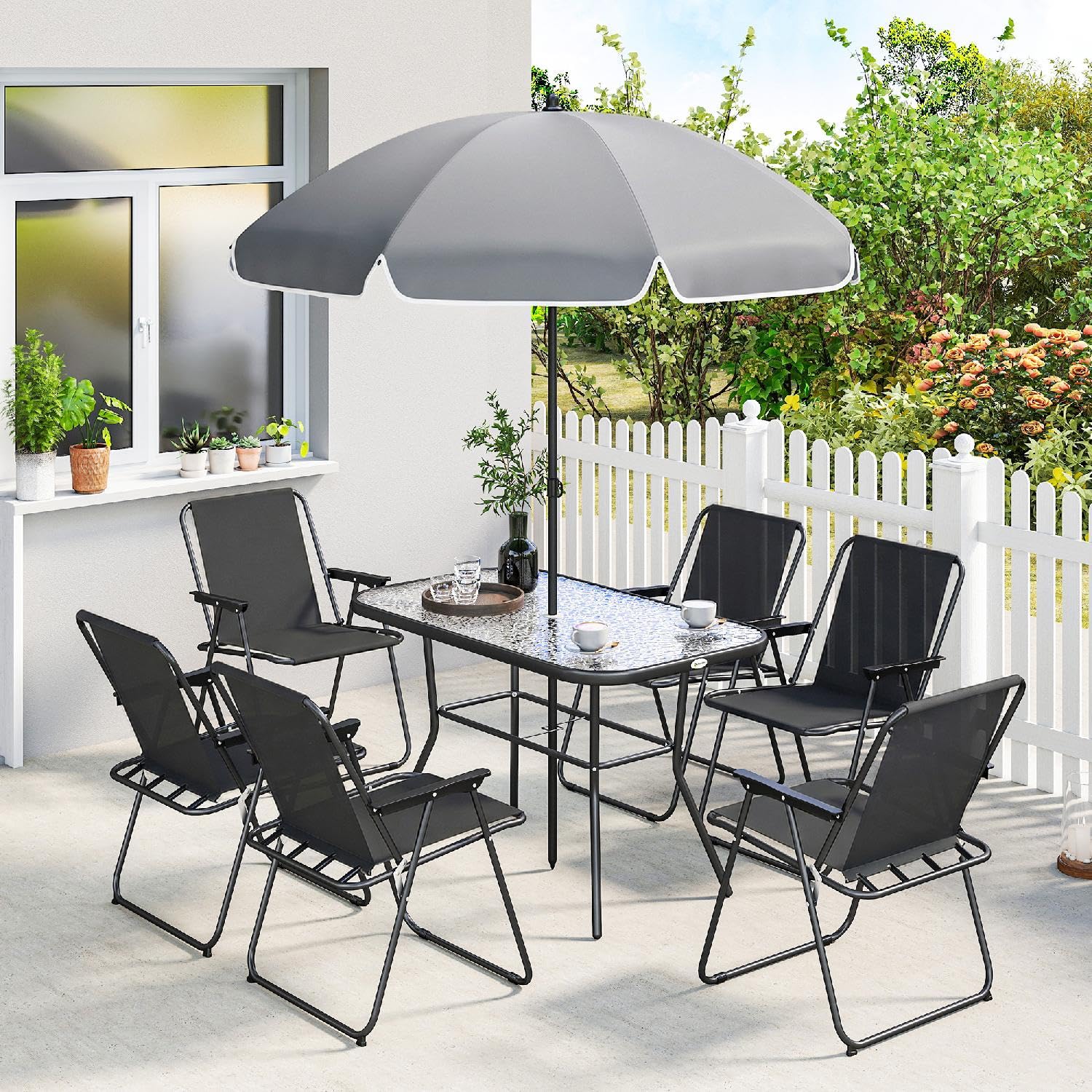 Tavolo e Sedie da Esterno da Giardino, Rettangolare, con Ombrellone, in Acciaio/Vetro Temperato, 119x68x70 cm, Nero