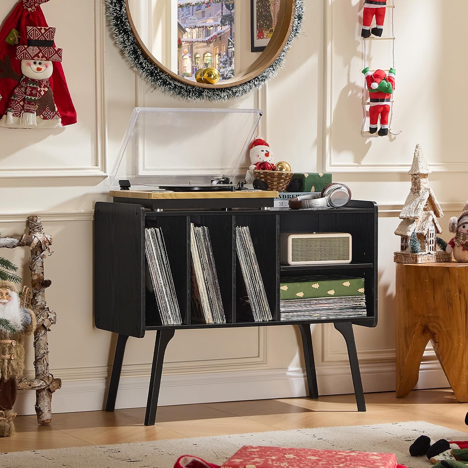 Lerliuo Record Player Stand with 4 Cabinet Holds Up to 220 Albums, Large Turntable Stand with Beech Wood Legs, Mid-Century Record Player Table,Black Vinyl Holder Storage Shelf for Bedroom Living Room