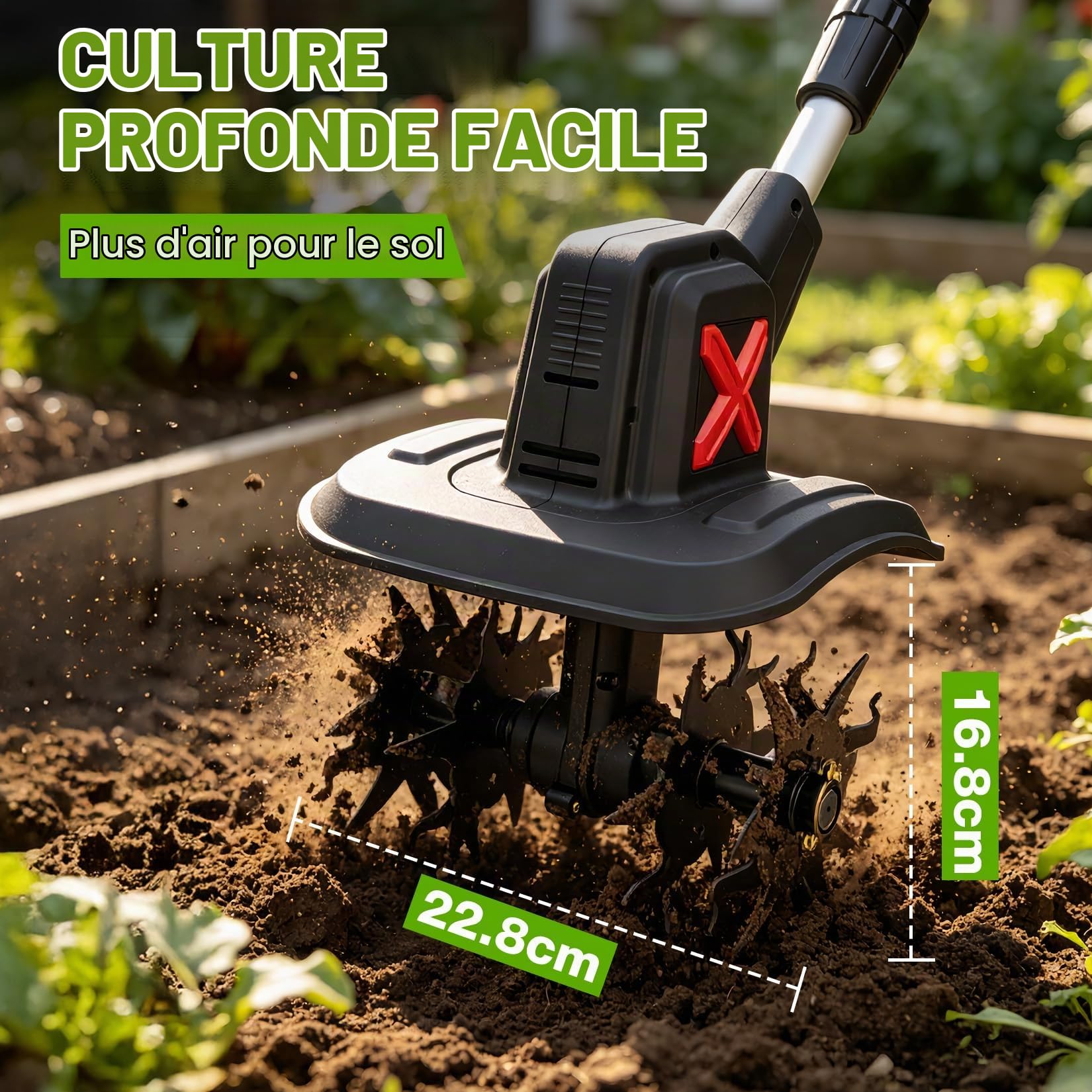 SHALL 21V Motoculteur électrique sans fil , livré avec 2 batteries et un chargeur. Largeur de travail : 22,8 cm x 16,8 cm. Idéal pour le travail du sol, de la pelouse et du jardin.