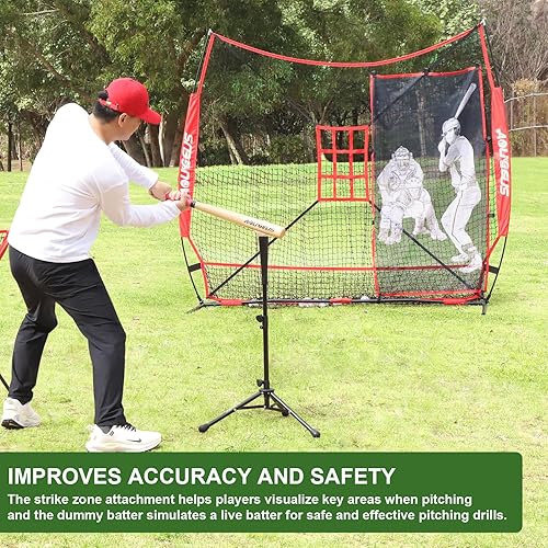 Miniatura 4 de Red de práctica de sóftbol de 7 x 7 pies, red de lanzamiento y bateo con camiseta de béisbol, maniquí de bateo, zona de ataque y marco de arco