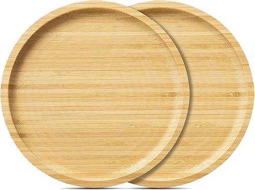 Miniatura 1 de Yangbaga Platillo de madera de bambú de 6.7 pulgadas, paquete de 2 bandejas para plantas, platillo redondo para plantas de interior y exterior