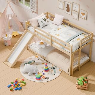 MU Twin Bunk Bed with Slide, Wood Low Bunk Bed Frame with Climbing Ladder & Safety Guard Rail, Floor Loft Bed with Lower Storage Space for Kids Toddler, Natural Wood