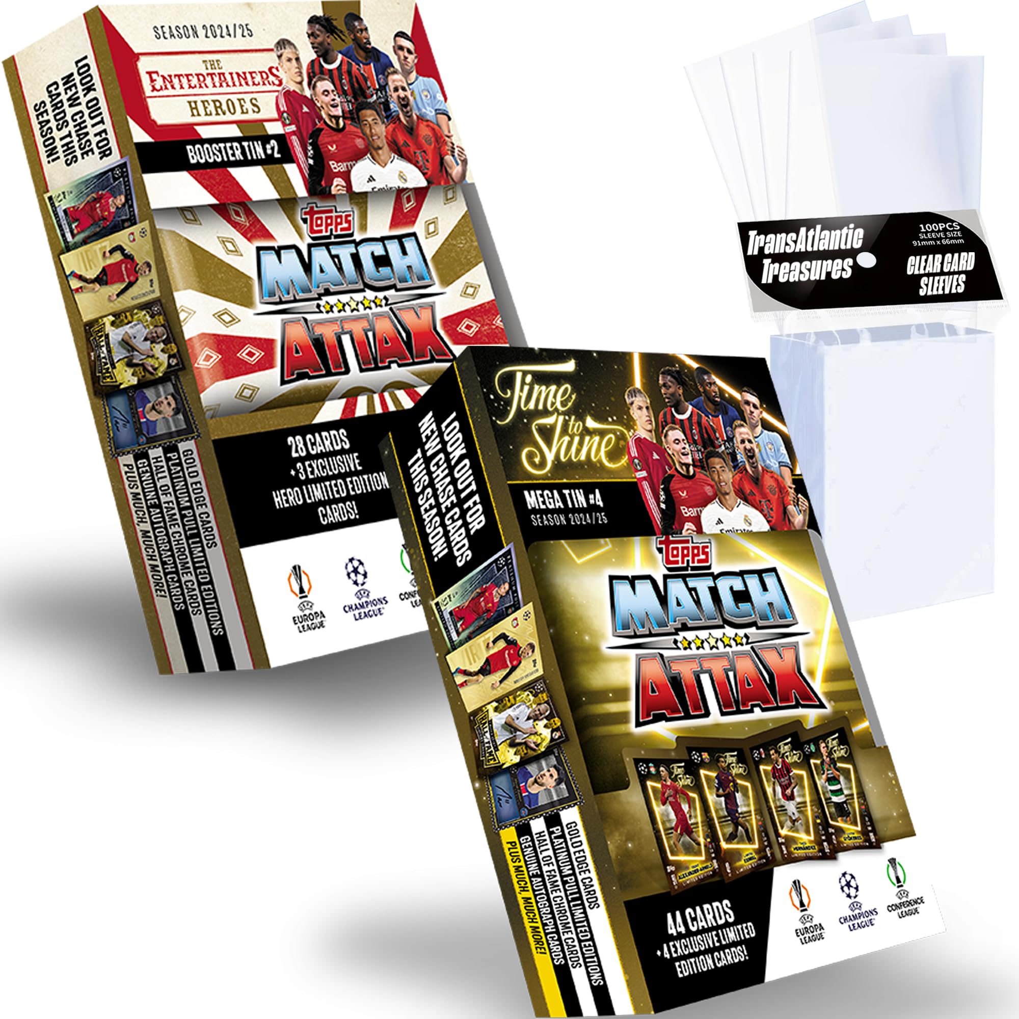 Topps Match Attax 2024-2025 Soccer Cards Random Booster Tin + Random Mega Tin + 100 Card Protectors, 75 Cards - Including 3 Exclusive 'Masters' Limited Edition Cards + 4 Limited Edition Cards