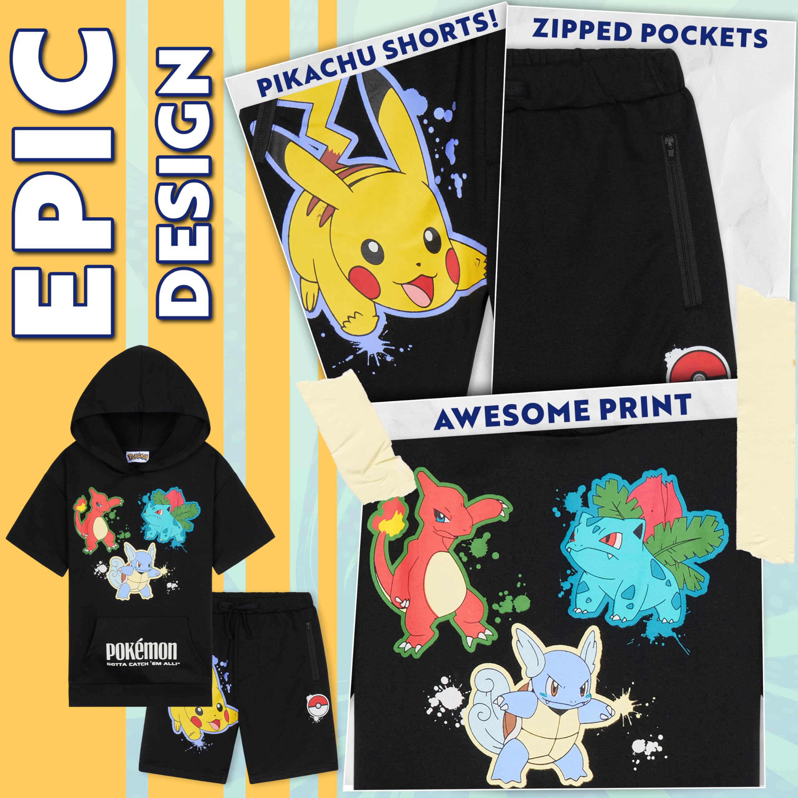 Pokémon Short à Capuche Survêtements Garçon et Ado 2 Pz Set Pikachu Manches Courtes Jogging Enfant Poches Zippées Cadeau Garcon