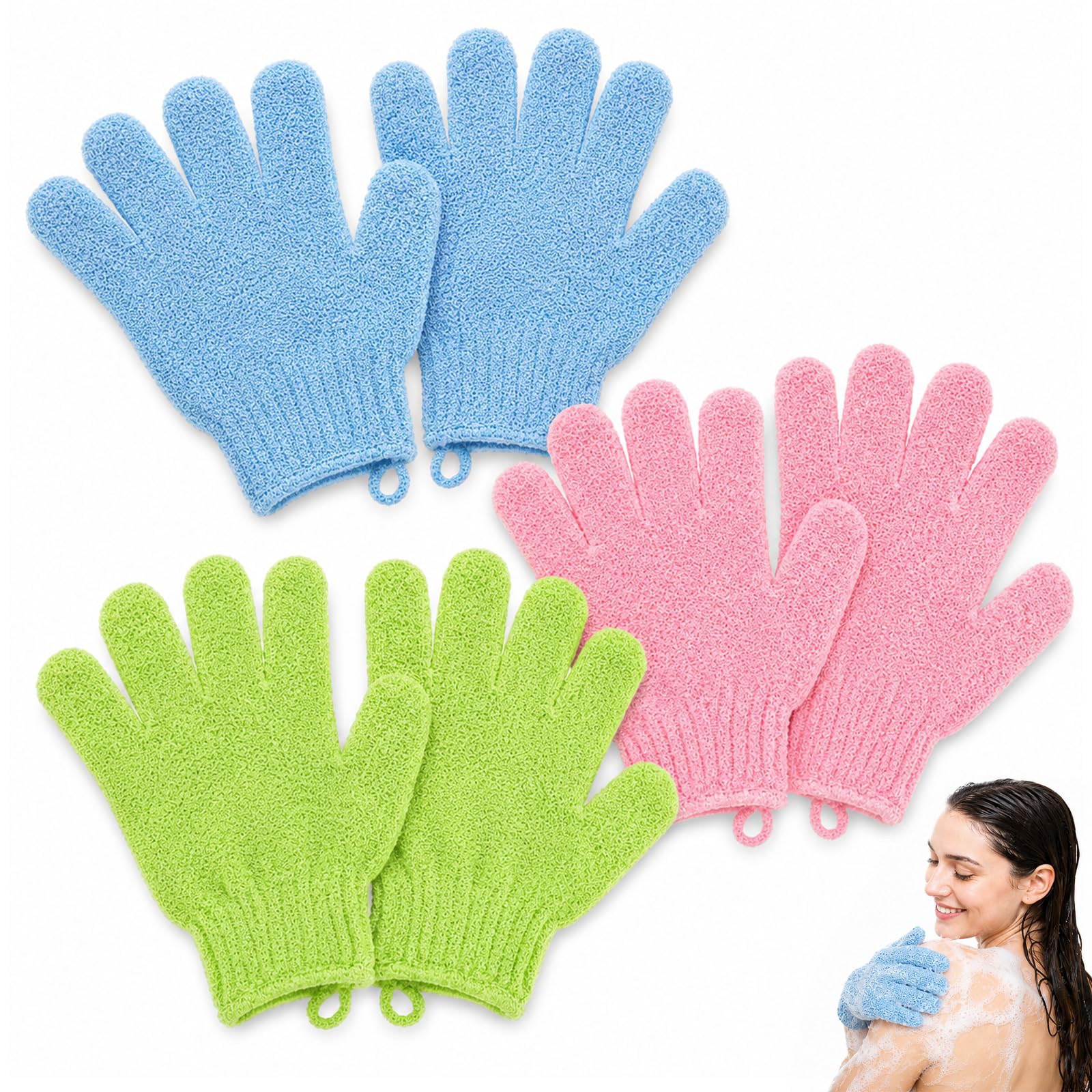 Exfoliating Gloves，6pcs Bath and Body Exfoliator Mitts，Bamboo Shower Gloves ，Scrubs Away Ingrown Hair and Dead Skin，for Shower, Spa, Massage and Dead Skin Cell Remover Loofah（Blue+Green+Pink）