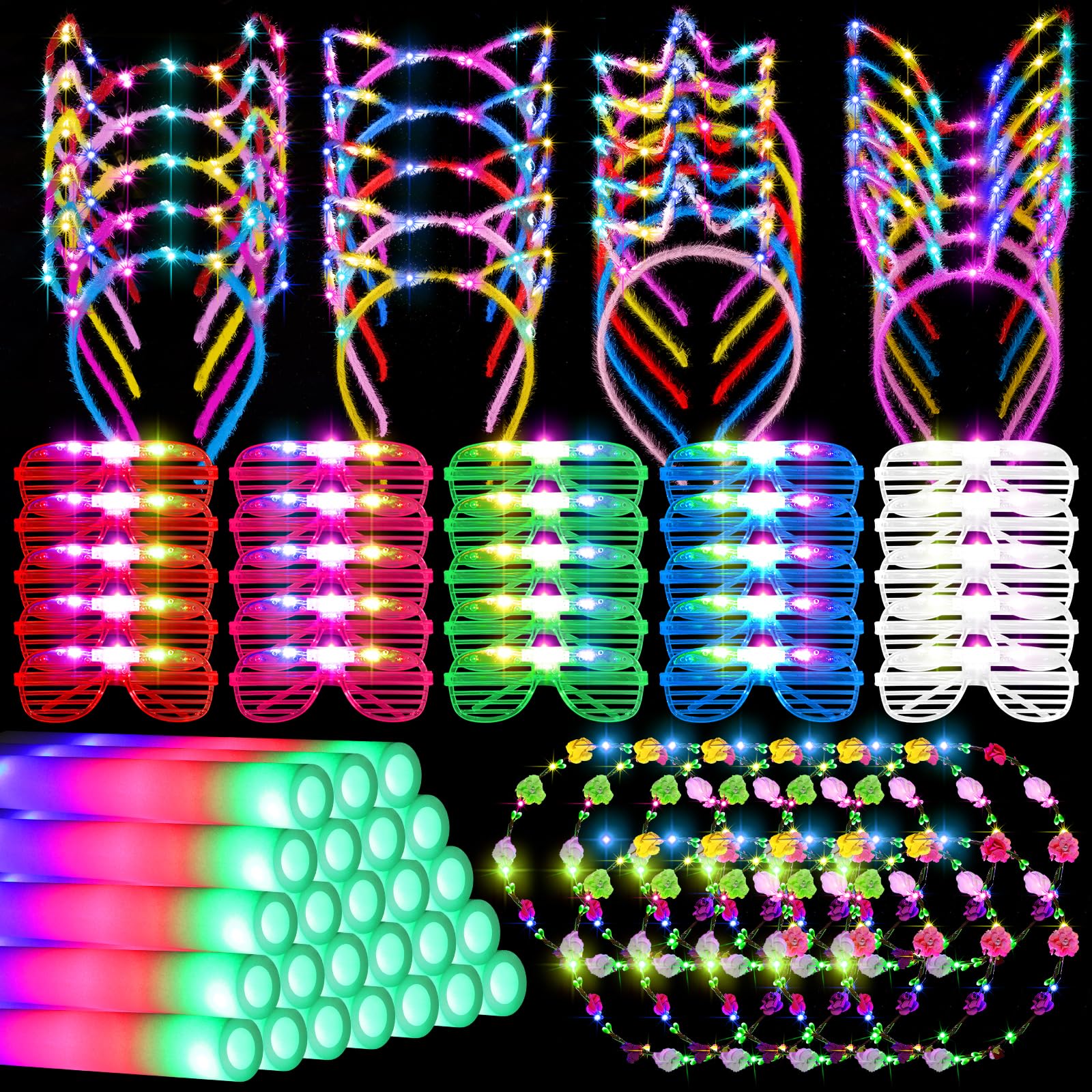 Redbaker 75 Pcs Light up Party Favors Include Light up Headband Foam Sticks LED Glasses Neon Glow Flower Crown Glow in the Dark Party Supplies for Celebrate Carnival Birthday Halloween