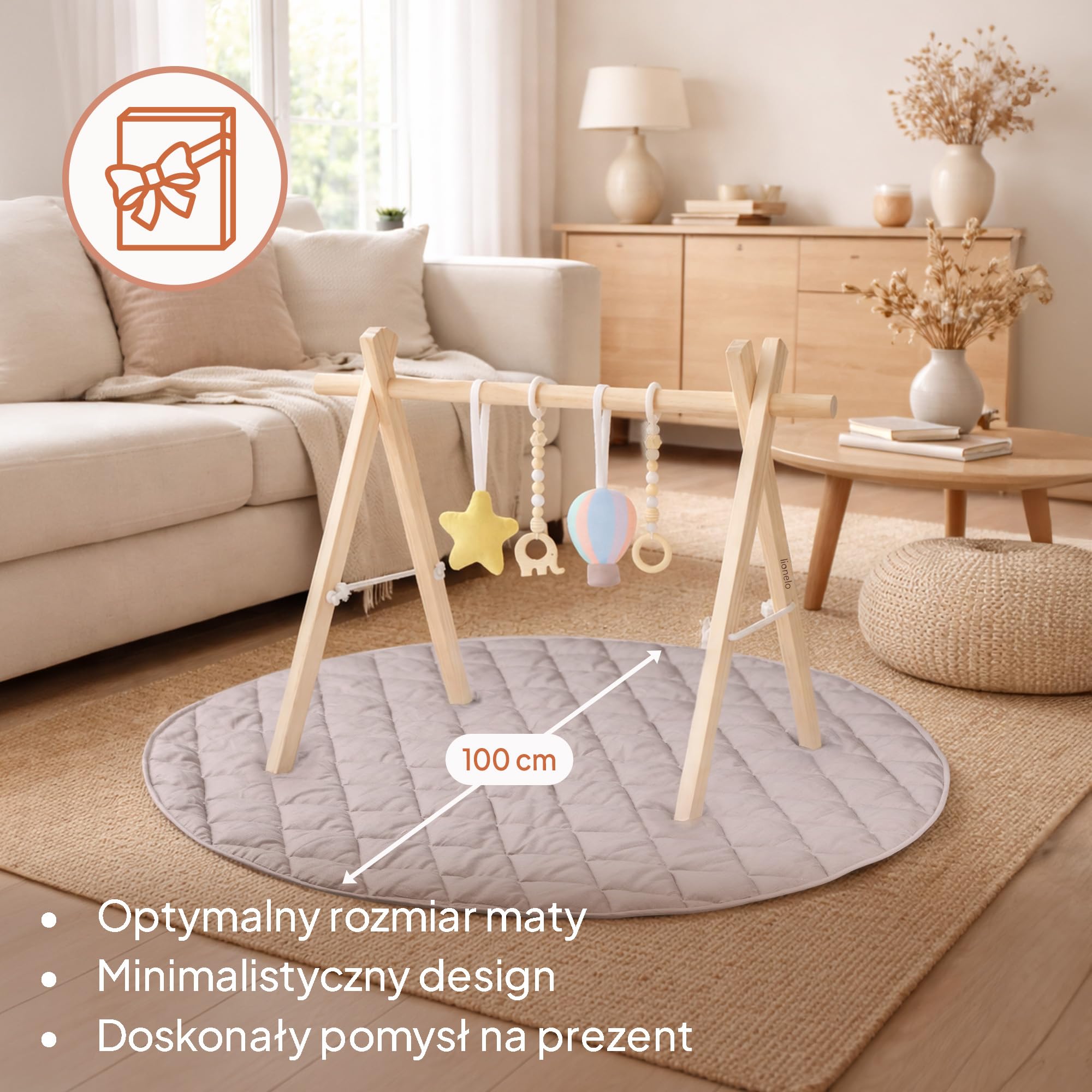 Lionelo Anis Set Mata Edukacyjna z Drewnianym Pałąkiem Miękka Bawełna dla Delikatnej Skóry, Antypoślizgowa 2 cm do Brzuszka i Raczkowania, 4 Zabawki Sensoryczne, Składana, na Prezent, 0+, 101 cm