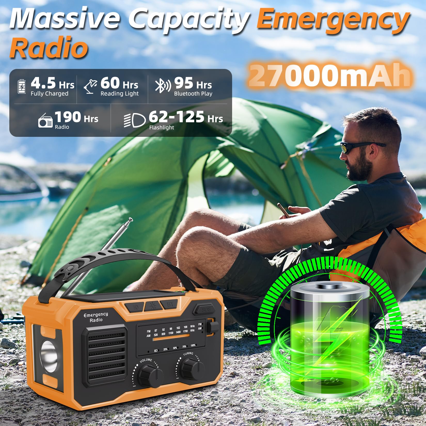 27000mAh Radio Emergencia, FM/Am Radios Solar y Recargable con Bluetooth 5.3/Alarma SOS/Brújula/Linterna, Radio De Dinamo para La Preparación Al Aire Libre para Desastres Naturales (Naranja)