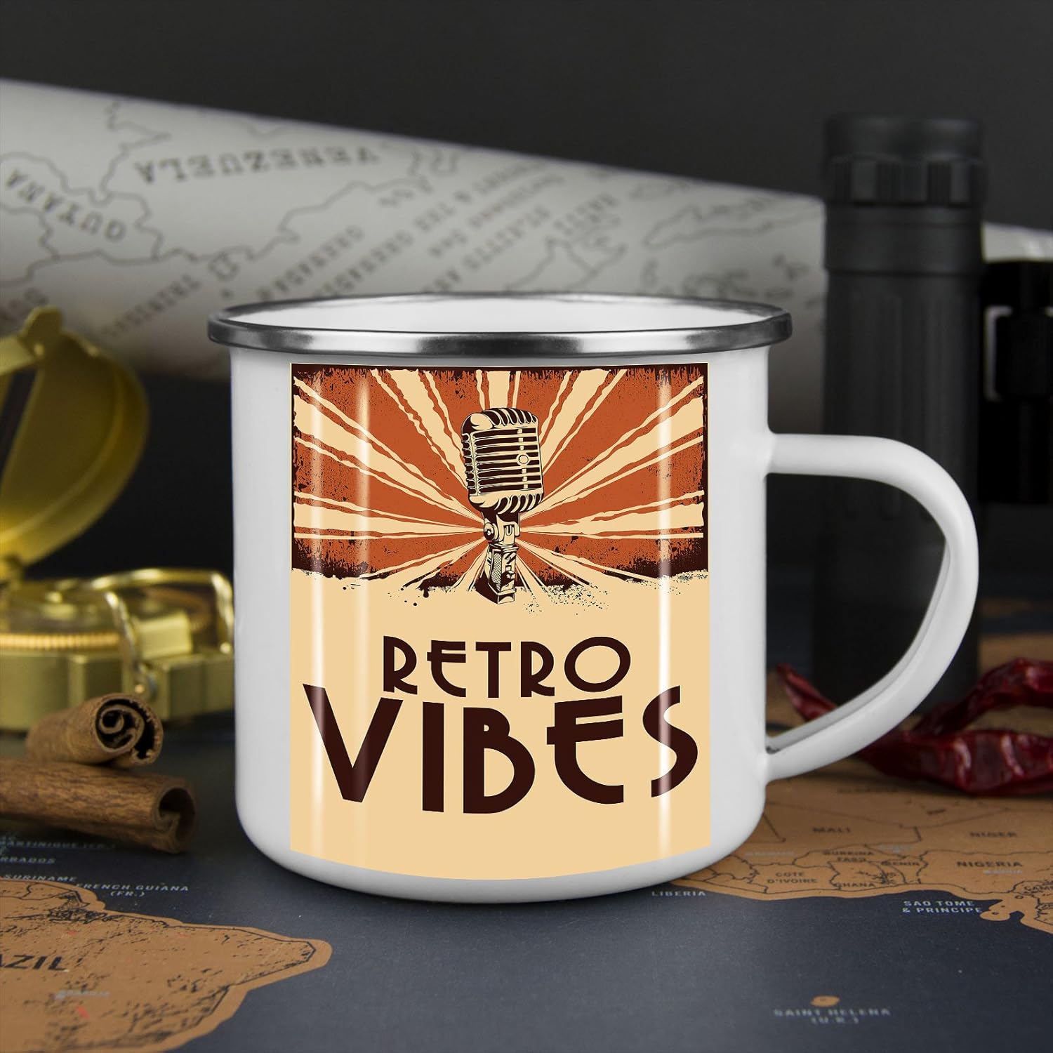 Wellcoda Retro Vibes Old Enamel Mug, Microphone Cup Strong, EasyGrip Handle, Two