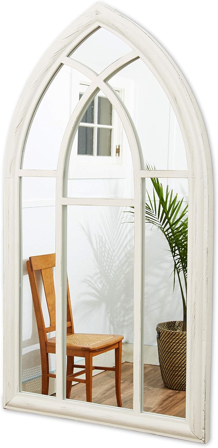 VADCAD Arched Window Mirror, White Wooden Cathedral Wall