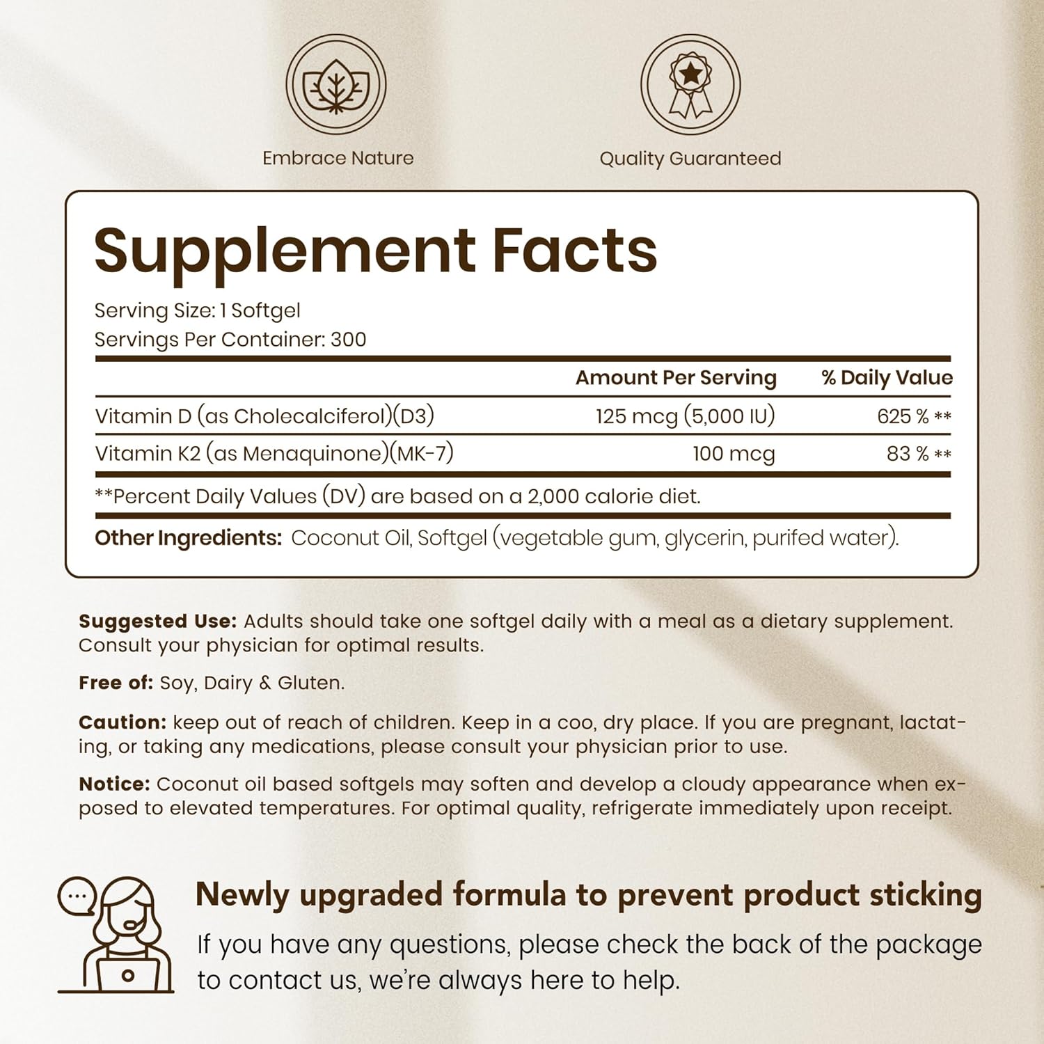 VEV Corefeel Vitamin D3 K2, 5000 IU D3 100mcg K2 (MK 7), 300 Softgels, 2-in-1 Vitamin D & K Supplement with Coconut Oil, Supports Calcium Absorption and Bone Health, Easy to Swallow - Image 2