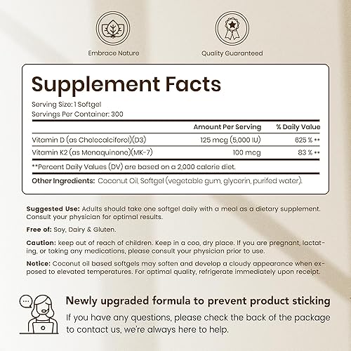 Miniatura 2 de VEV Corefeel Vitamina D3 K2, 5000 UI D3 100mcg K2 (MK 7), 300 cápsulas blandas, suplemento de vitamina D y K 2 en 1 con aceite de coco, apoya la