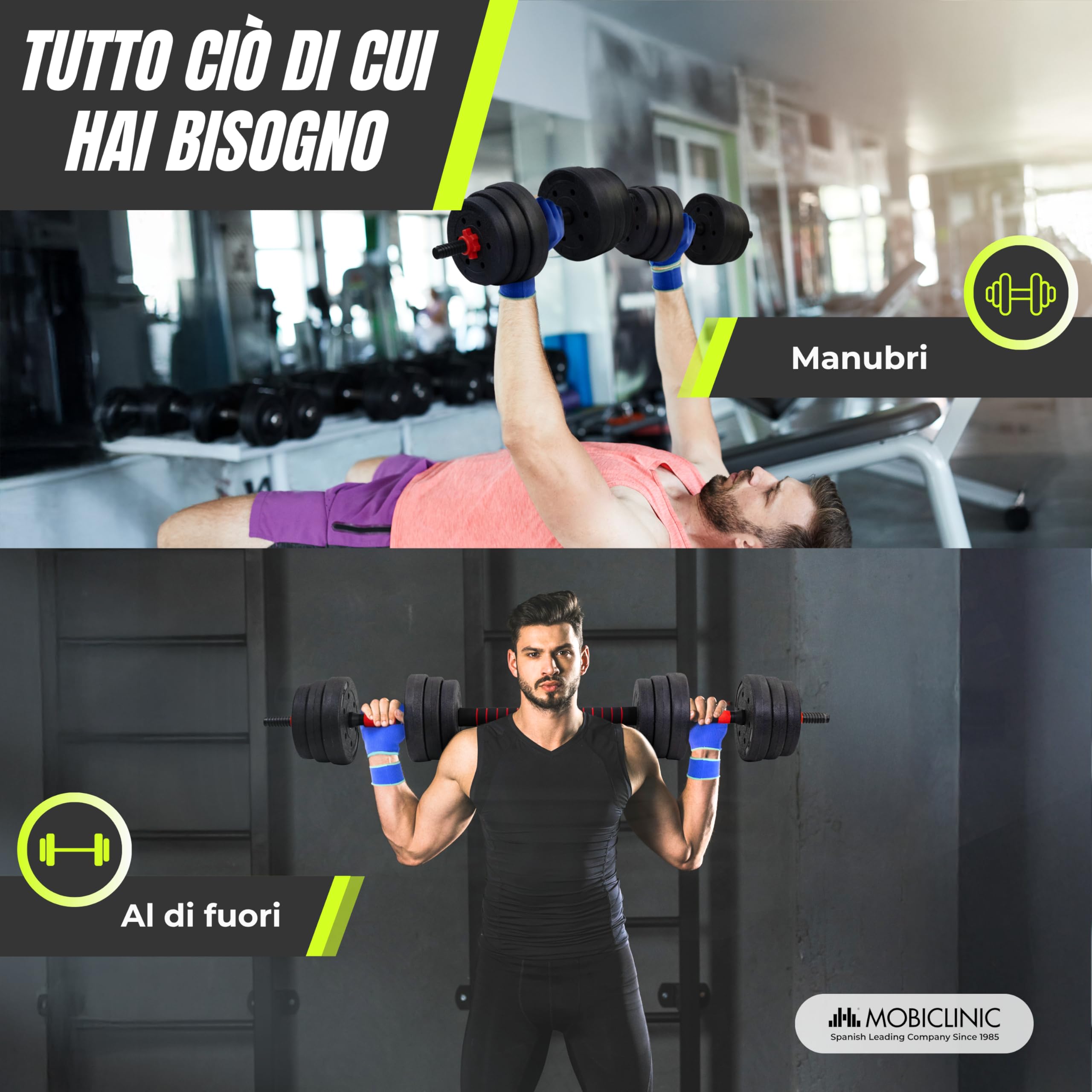 Mobiclinic®, Manubri regolabili 30 kg, 2 in 1, Set di Pesi, Manubri, Barra di Collegamento, Portatile, Impugnatura Antiscivolo, Maxifit, Palestra Domestica, Fitness
