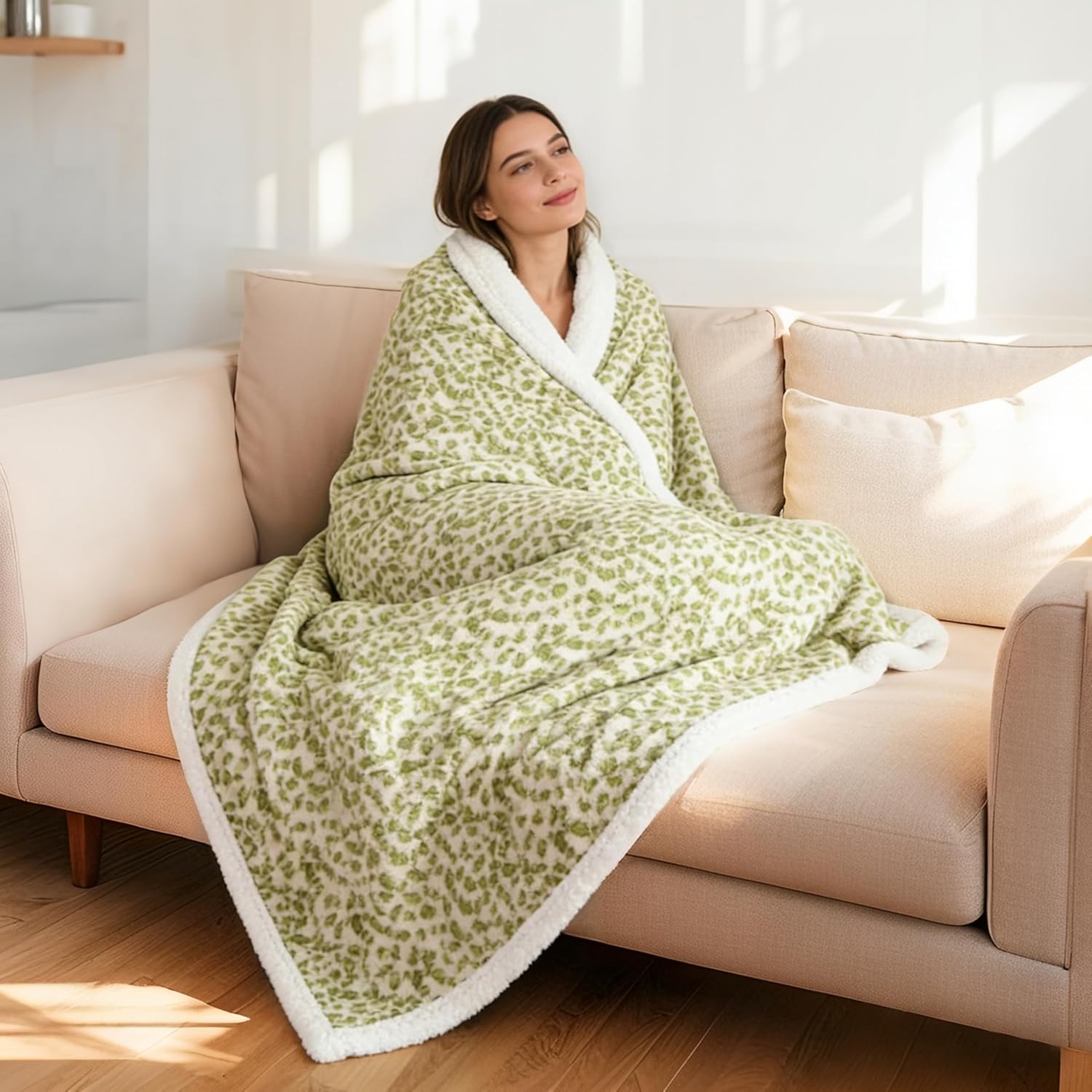 Electric Heated Blanket Full Size 72"x84", Ultra-Soft Plush with Overheat Protection, 9 Adjustable Heat Settings & 10-Hour Auto-Off Timer, Fast Heating for Winter Comfort, Green White Leopard Print