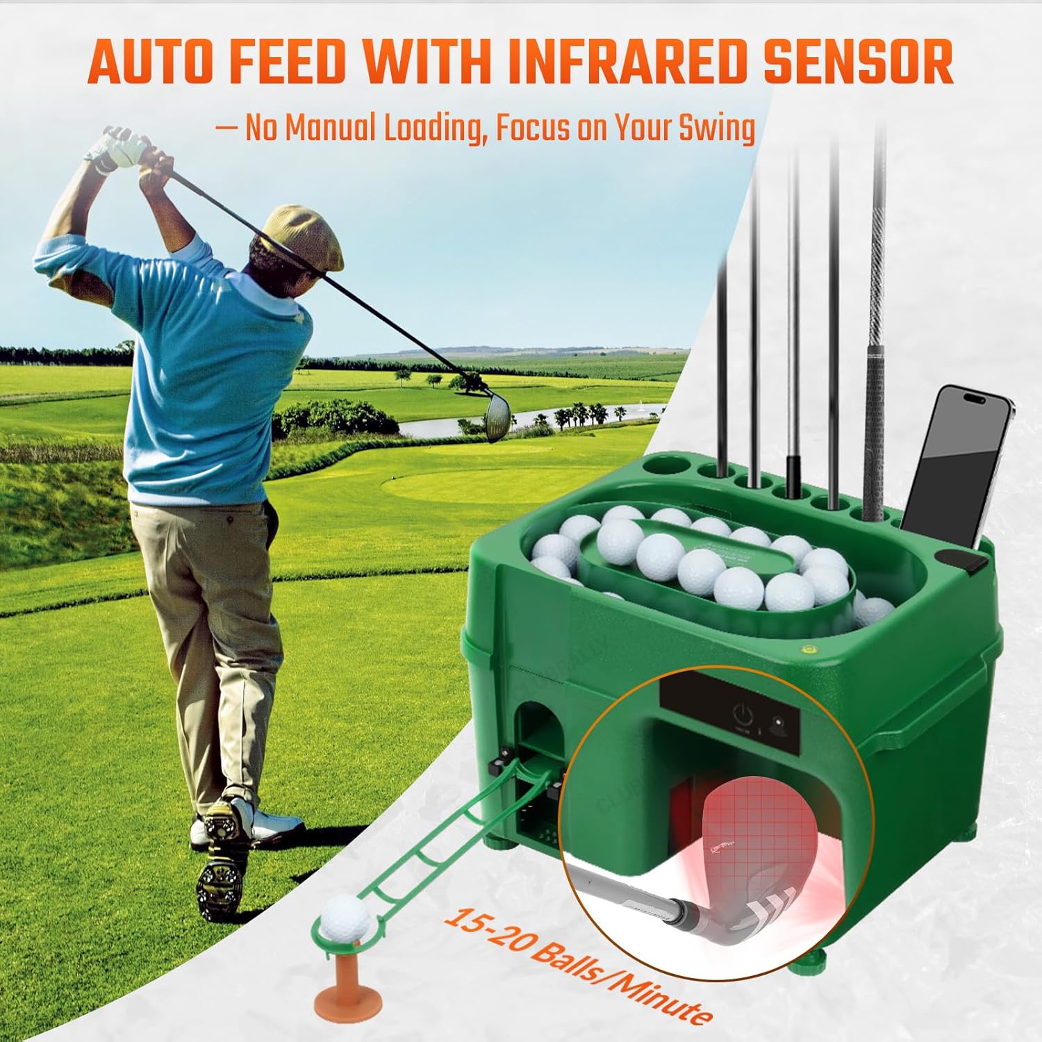 Infrared Automatic Golf Ball Dispenser, Fully Automatic Golf Tee Machine with 5000MAH Battery & Phone Mount, for Driving Range, Indoor Simulators & Outdoor Practice