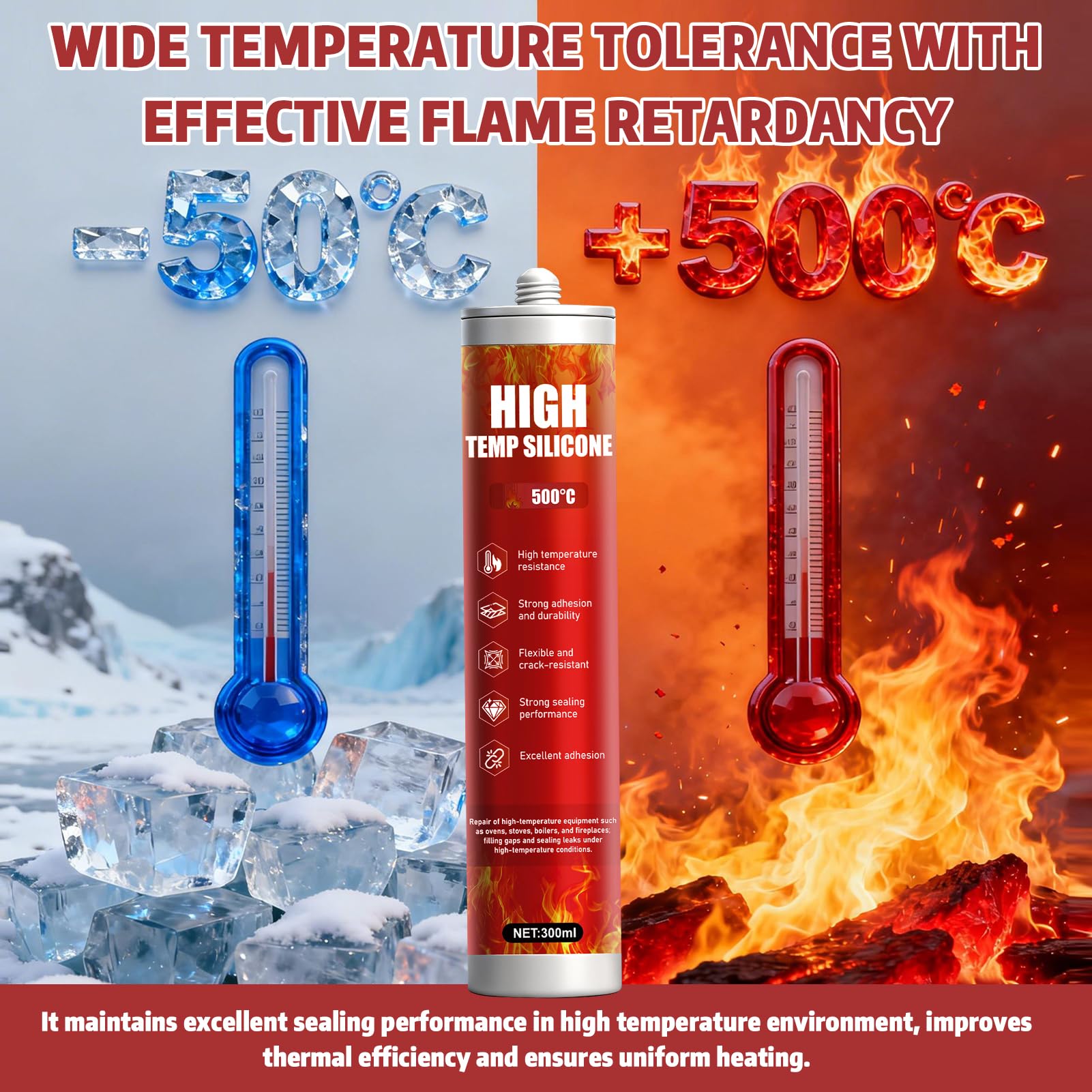 ALLONY Silicone Alte Temperature, 300ML Silicone Nero Alte Temperature, Cemento Refrattario, Sigillante Refrattario per Riparare Caminetti Stufe Forni Vetro Piani Cottura, Silicone Alta Temperatura