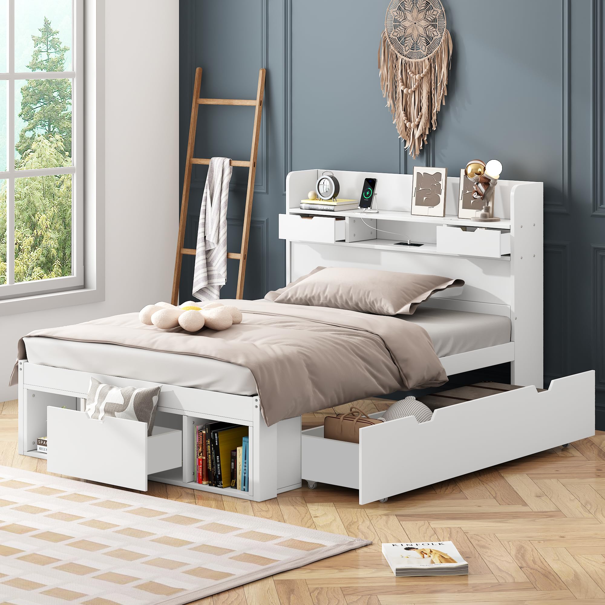 Holzbett Einzelbett 90x200cm mit Schubladen, USB & Stauraum Kopfteil, Massivholz Bettgestell mit Lattenrost, Stauraumbetten, Jugendbett, Kinderbett, ohne Matratze (weiß, 90x200)