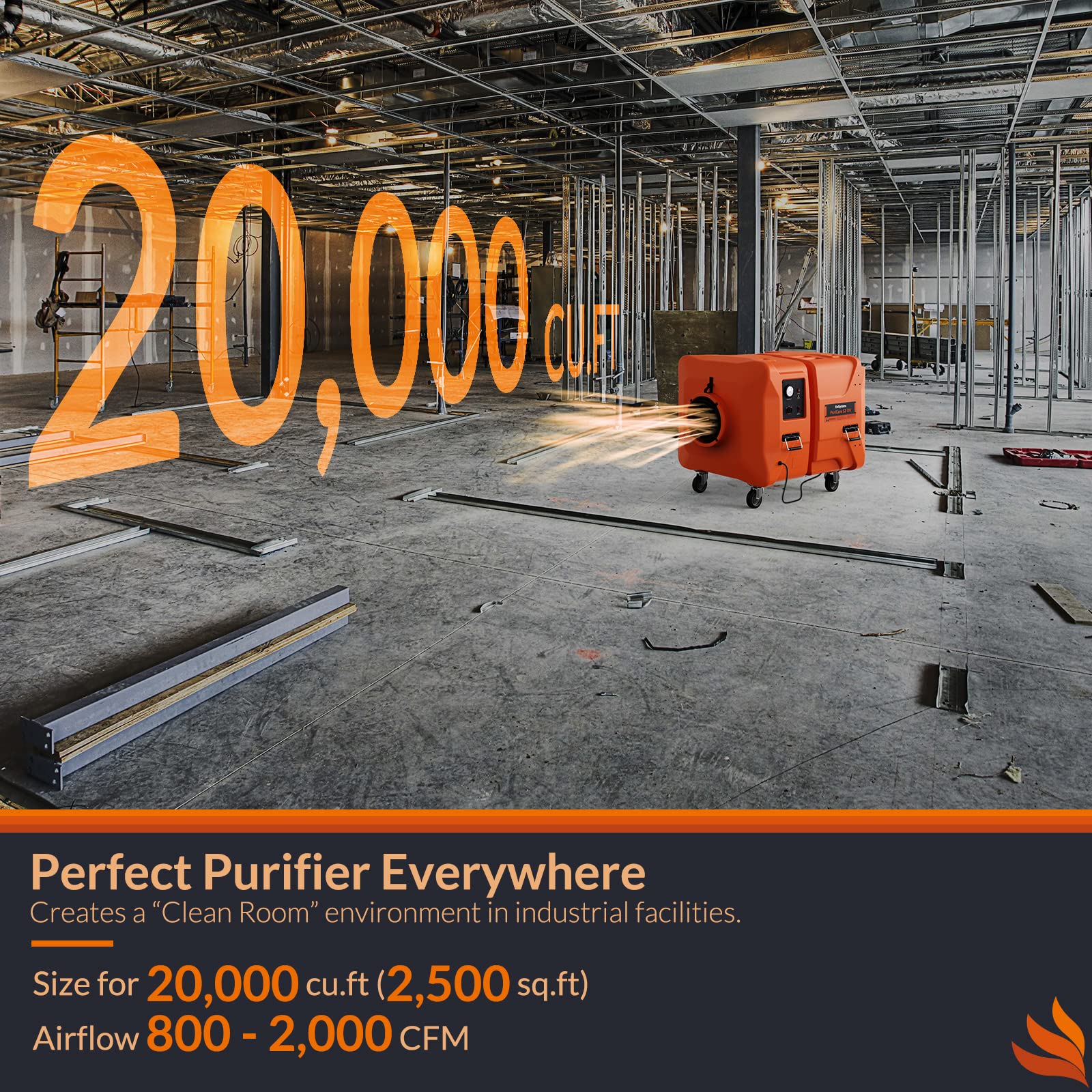 PURISYSTEMS 2000 CFM Industrial Air Filtration System, 3 Stage Commercial Air Scrubber, Buit-in UV-C Light & Ionizer for Water/Fire Damage Restoration, Renovation, Construction Use