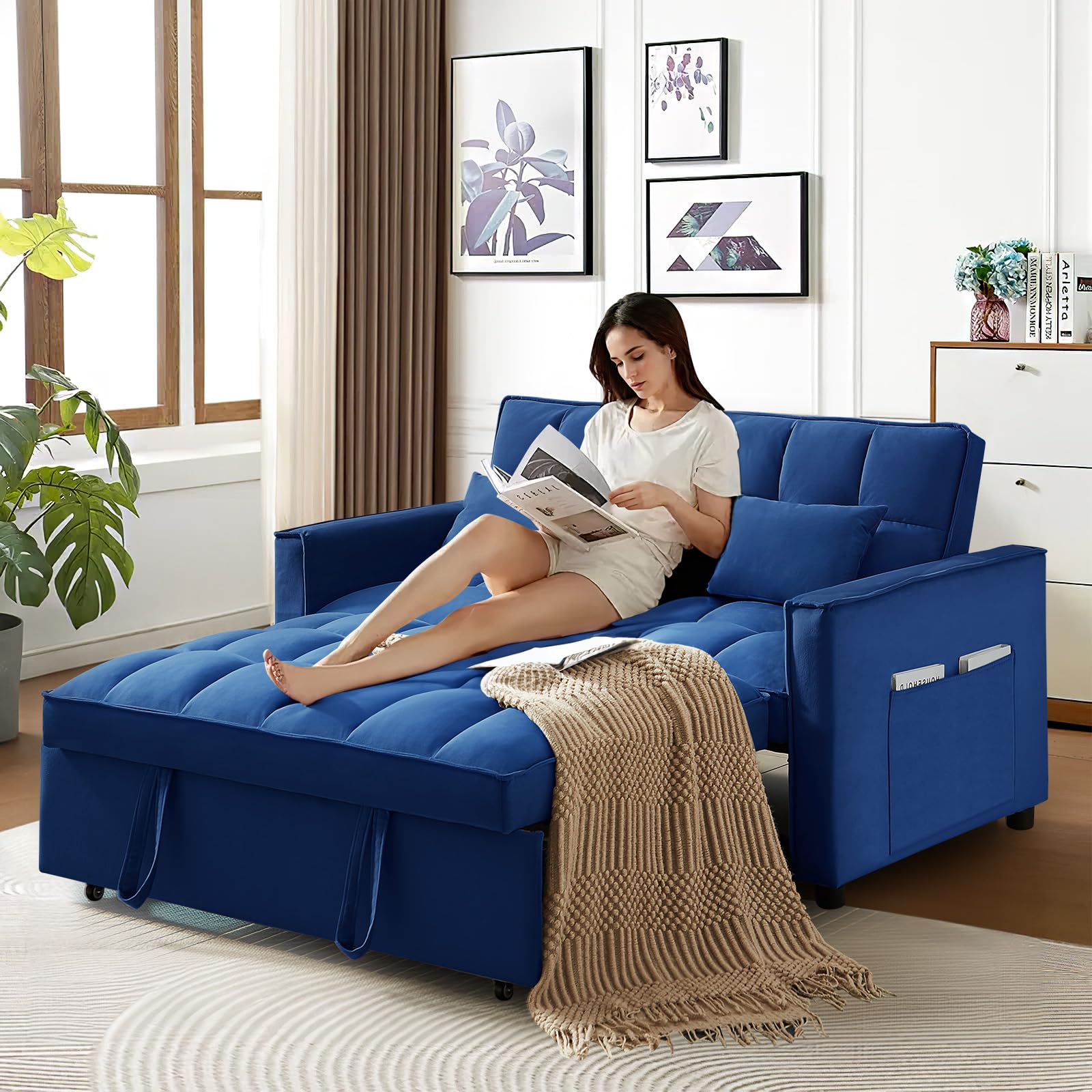 3 in 1 Convertible Sleeper Sofa Bed, Futon Couches for Living Room with Side Pocket/Adjustable Backrest, Velvet Upholstered Pull Out Couch, Small