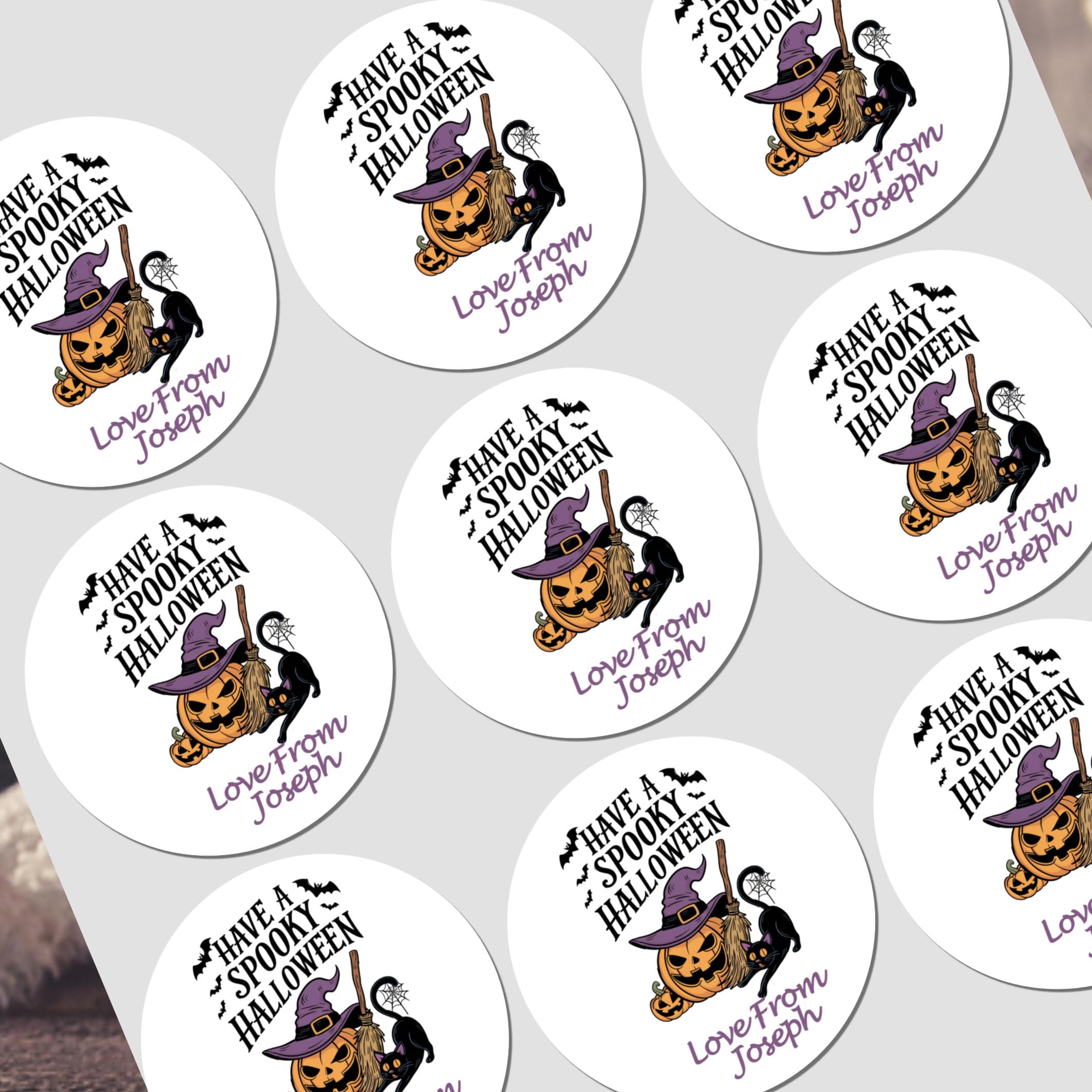 Personalised Halloween Stickers Labels for Sweet Cones Trick or Treat Bags Cats and Pumpkins