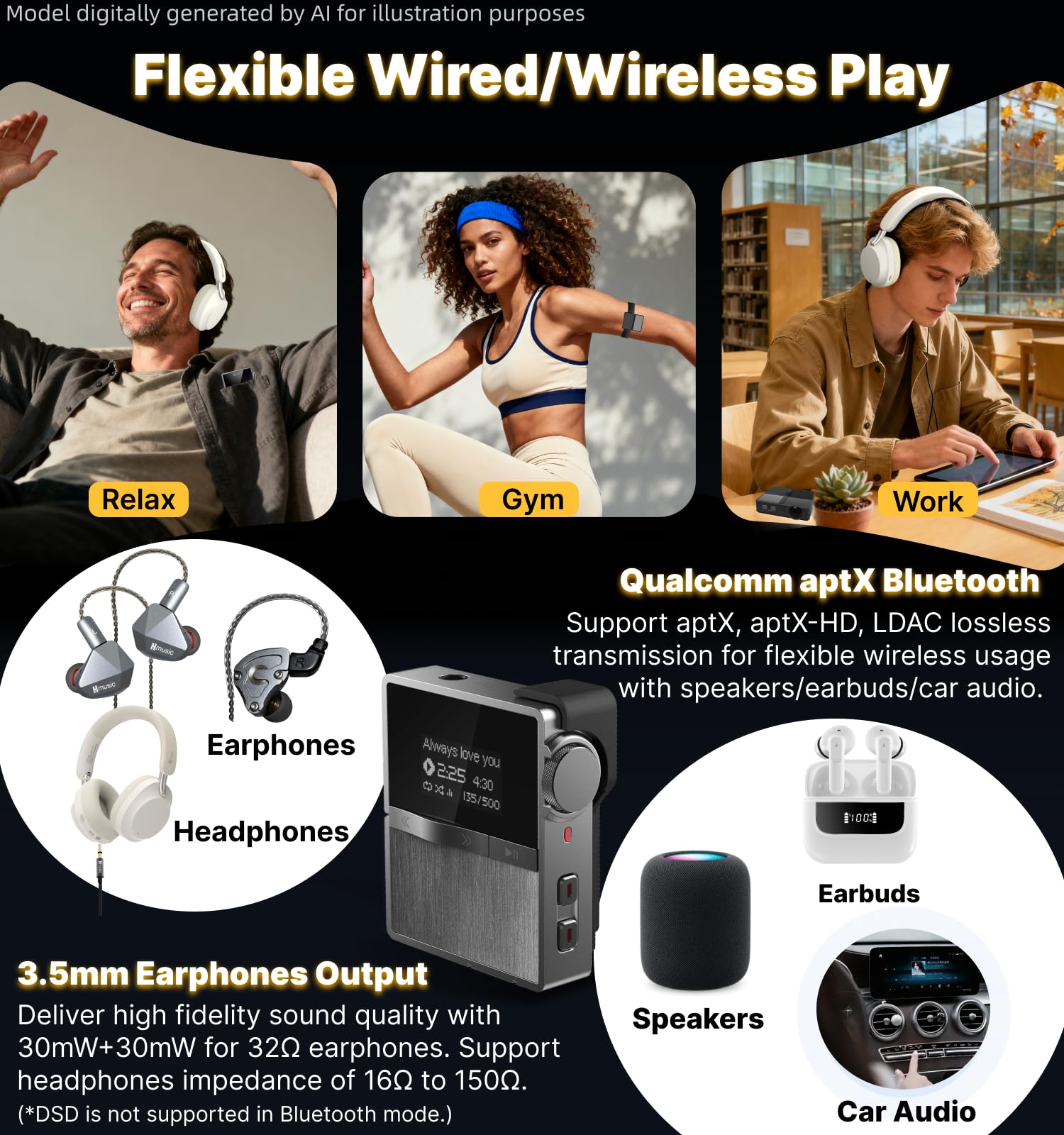 Hmusic Lettore MP3 HIFI con clip rimovibile | Cablato/Bluetooth, DAC, Audio ad alta risoluzione senza perdita, Lettore DSD/FLAC/DAP