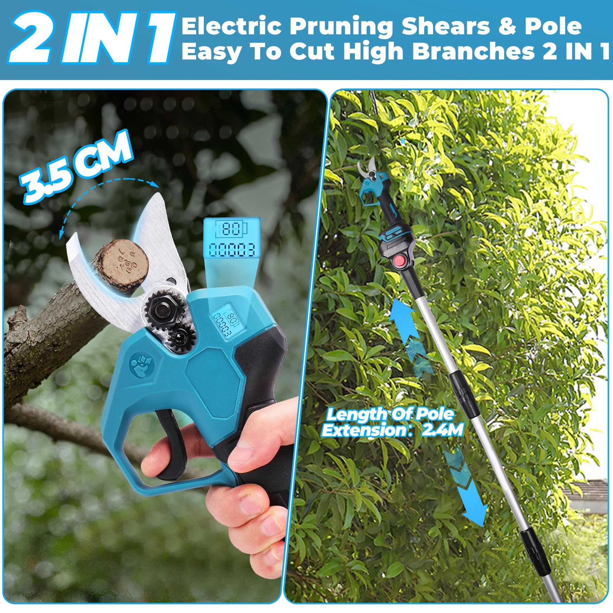 Tijeras de Podar Eléctricas con Pértiga Telescópica 2.4 m, Corte Ajustable 25/35 mm, Pantalla de Batería, 2× 2.0Ah Baterías,Tijera de Podar Eléctrica para Jardín y Árboles Altos