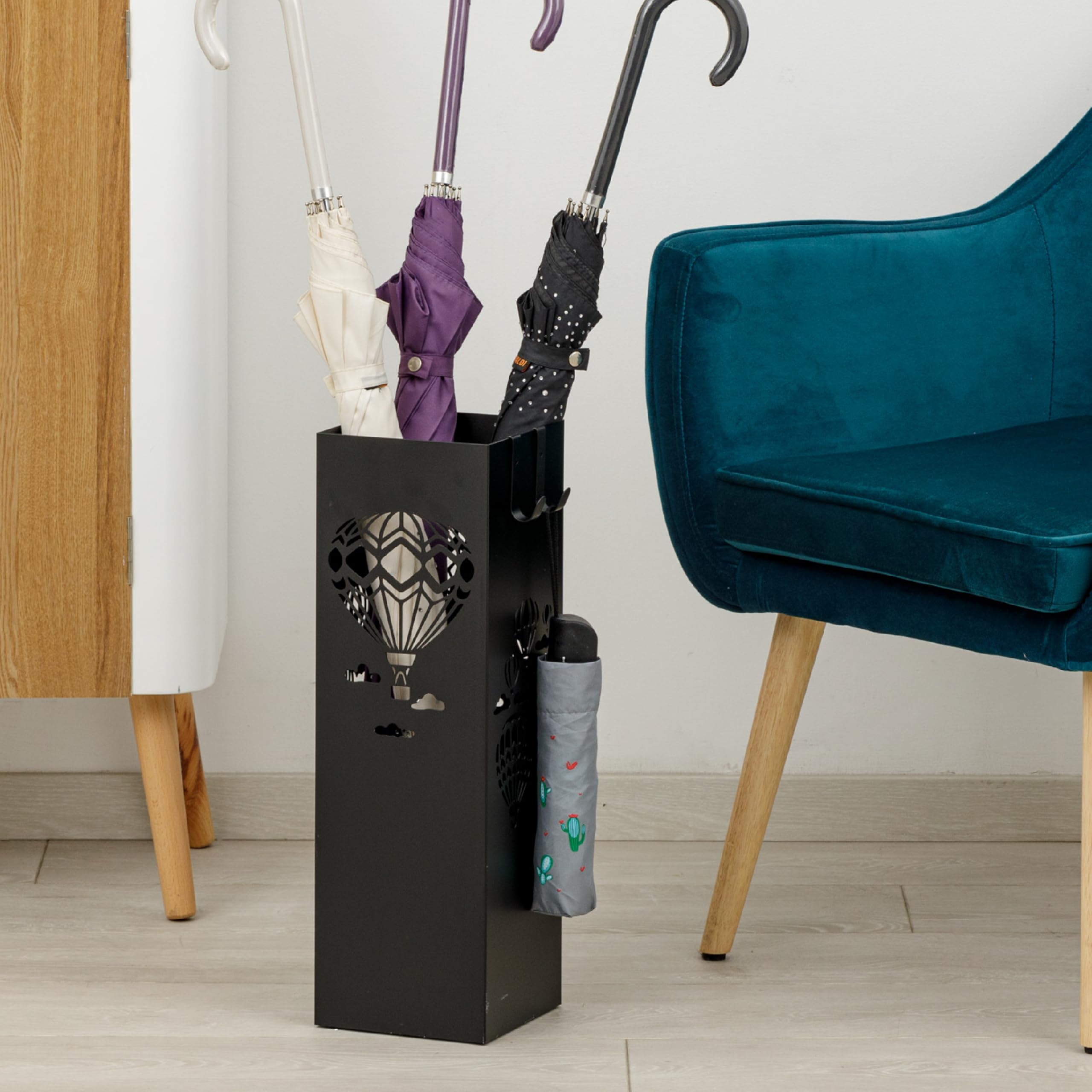 Baroni Home Paragüero de Diseño Moderno con Globos Aerostáticos, Paragüero de Metal con 2 Ganchos y Recipiente de Goteo Extraíble 16x16x49 cm, Negro
