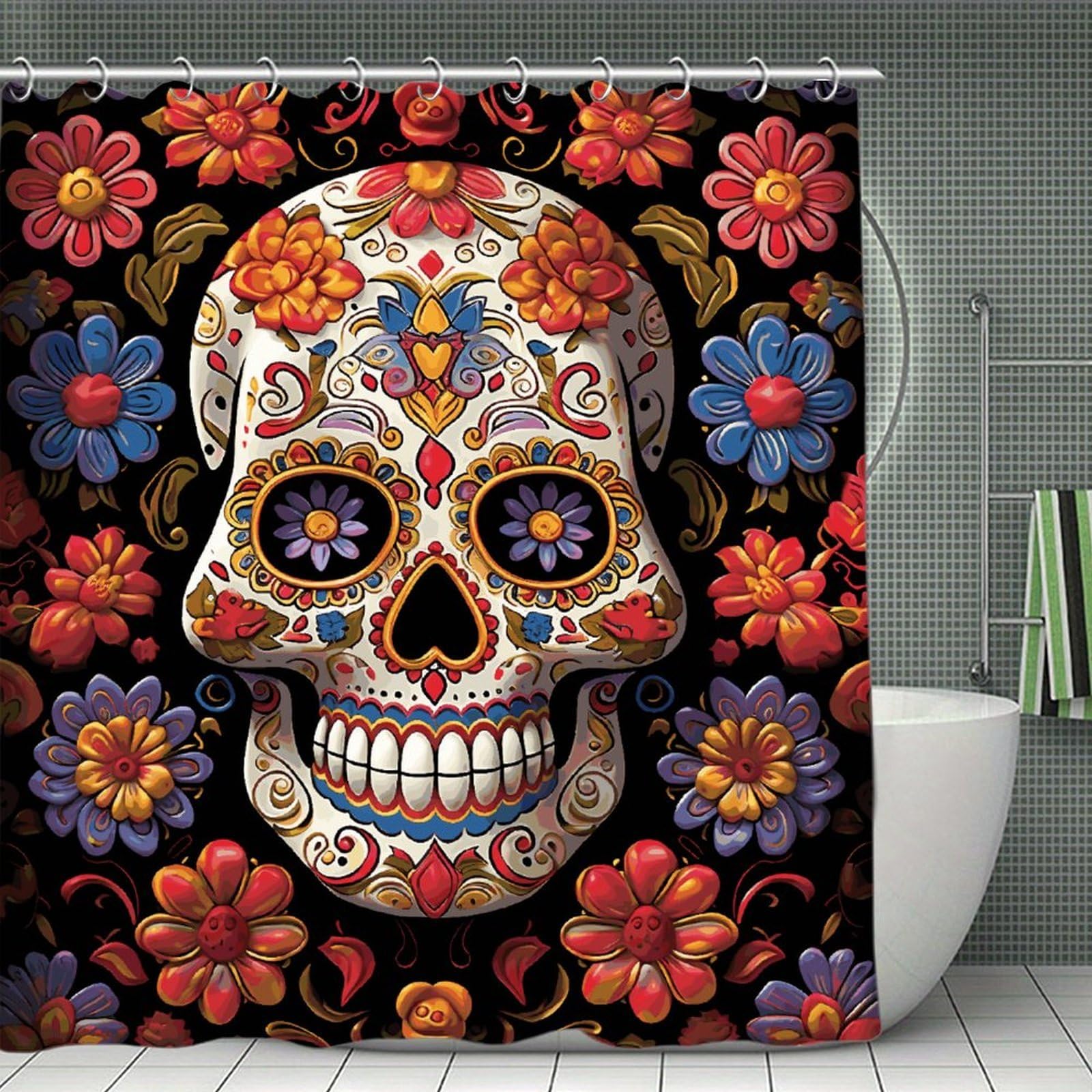 FekiLoot Sugar Skulls Shower Curtain Minimalist Thick Bathroom Curtain Washable Modern Bathroom Shower Curtain Heavy Duty Waterproof Cloth Bath Curtain with Hooks 70.8"x70.8"