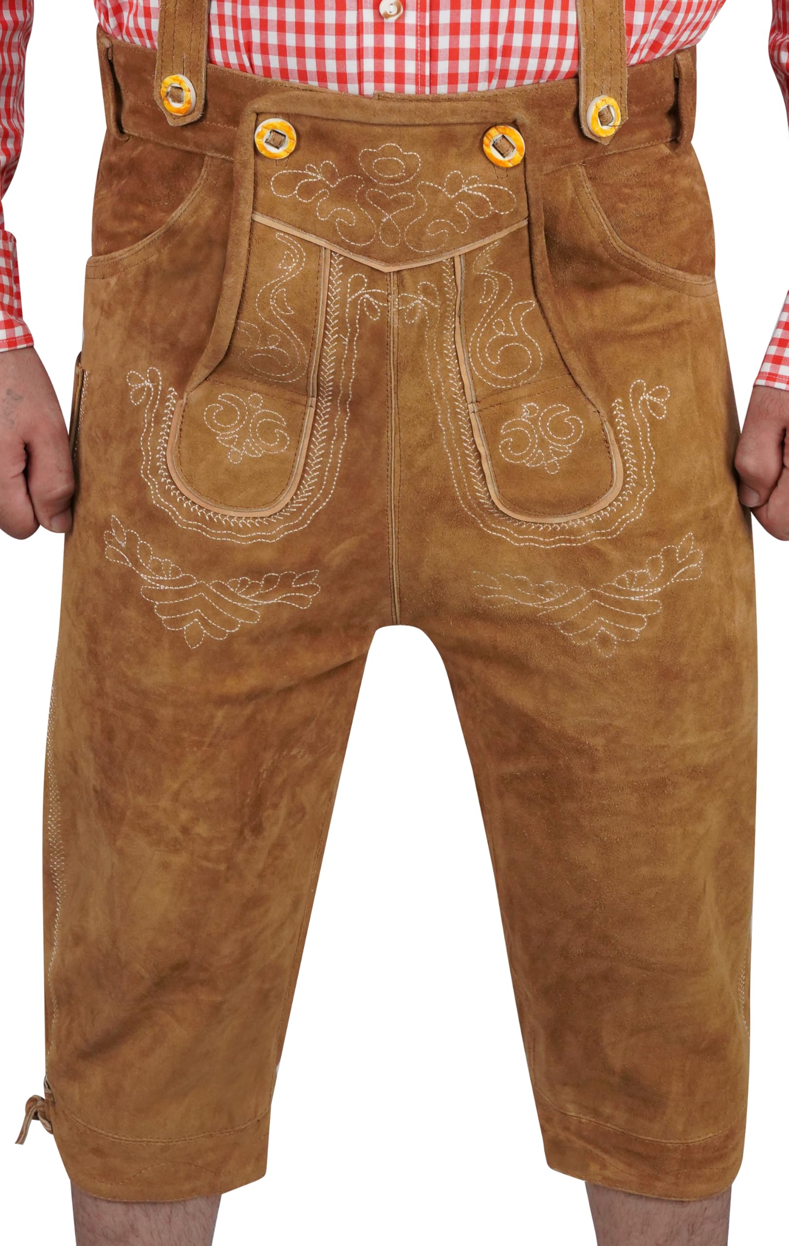 Premium Leder-Kniebundhose für Herren - Gr.46-60 -Trachten Lederhose mit Träger für Männer - Oktoberfest Hose Lederhose mit Träger