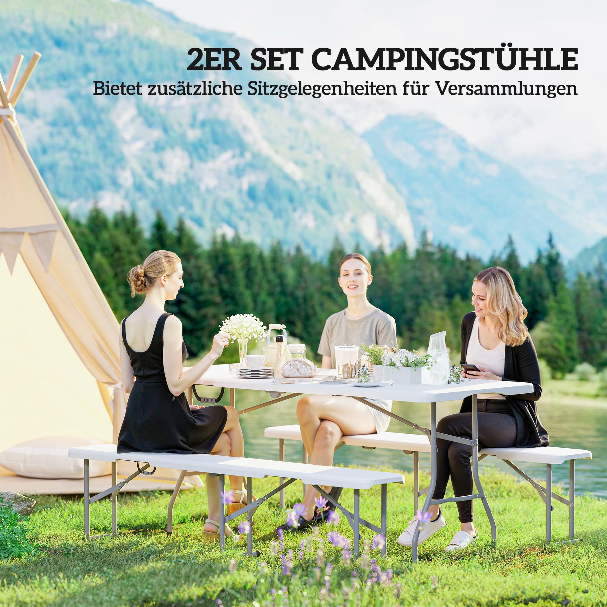 Outsunny Bierbank 2er 8 Personen 182cm Klappbar mit Tragegriff Weiß