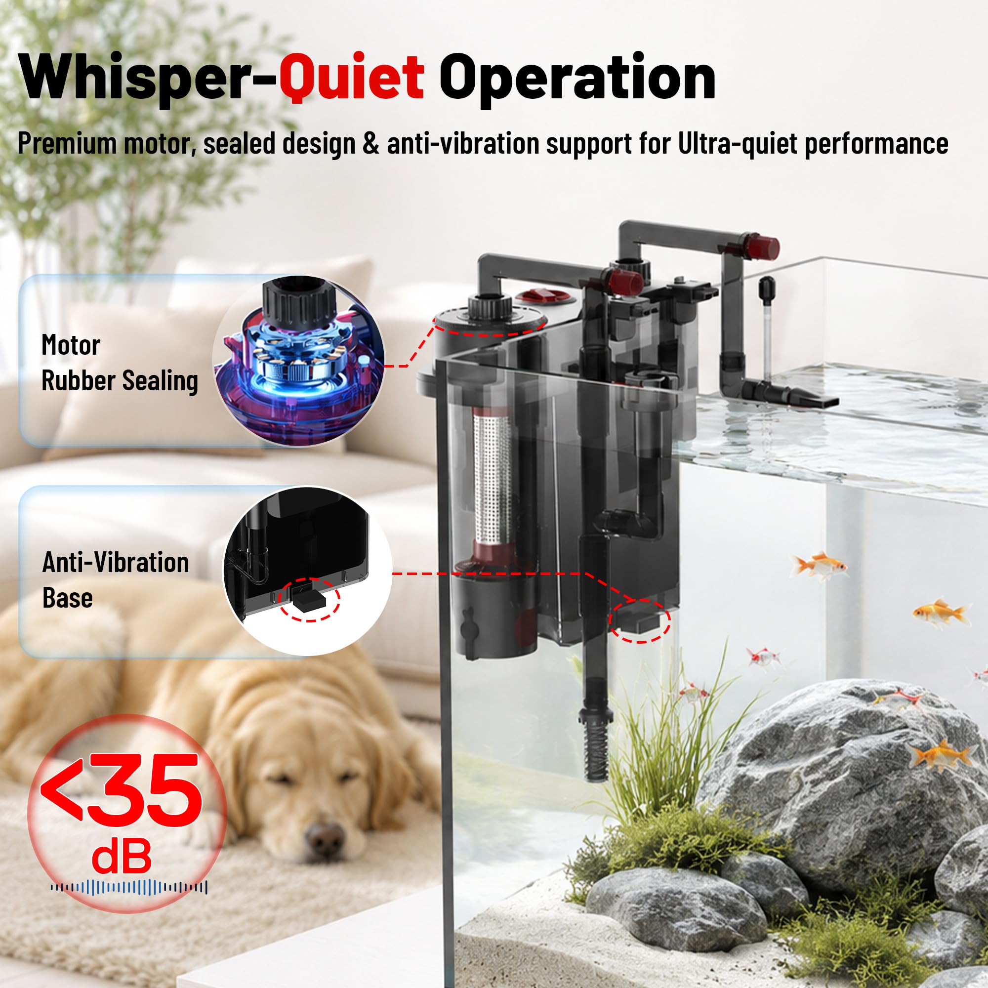 AQUASMITH Filtro de acuario para colgar en la parte posterior, filtro silencioso para pecera con recipiente de separación de residuos dedicado, agua de fácil cambio, filtración de 4 etapas, drenaje de