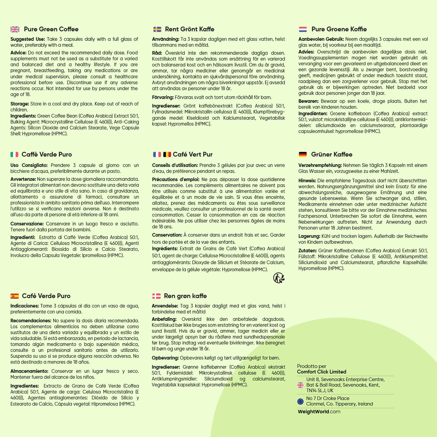 Caffè Verde Puro Vegano da 21.000mg, Estratto 50:1, Fonte Naturale di CGA, 90 Capsule, Caffe Verde dalla Pianta Coffea Arabica, Green Coffee Beans, Senza Magnesio Sterarato e OGM, Prodotto in Europa