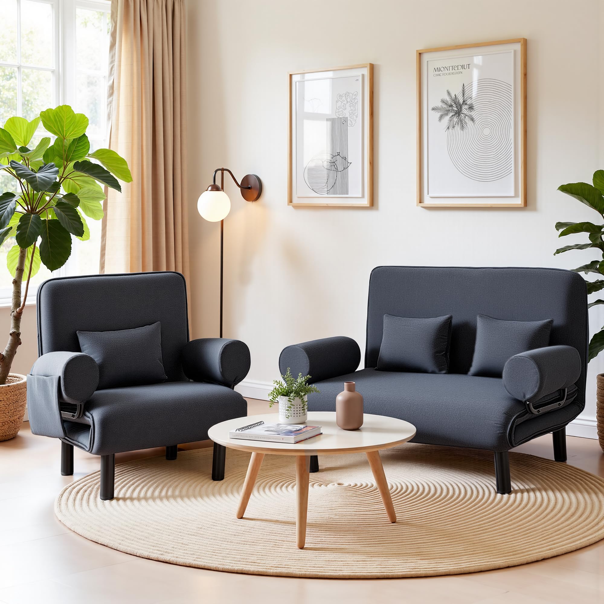 YINIX 4 in 1 Schlafsessel mit Bettfunktion, Klappbar Schlafsofa mit weich gepolsterten Armlehnen & Seitentasche, 6-stufig Verstellbar, Gästebett für Büro & Wohnzimmer, Dunkelgrau (63cm-Einzelsitz)
