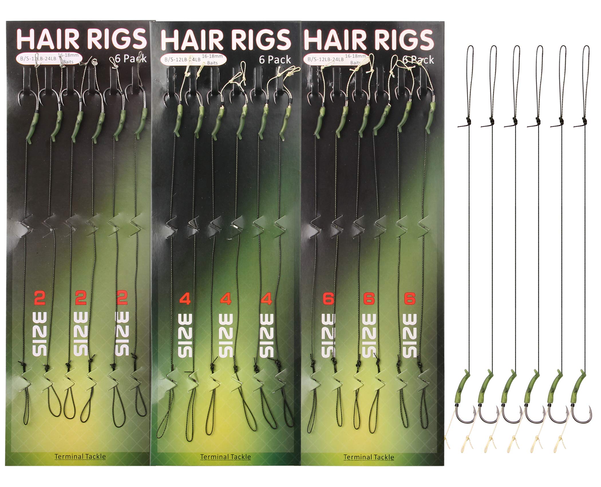 18pcs Carp Fishing Hair Rigs Coated Line Handmade Carp Fishing Barbed Hooks Terminal Tackle for Boilies Bait Stopper, Hook Size 2#,4#,6#