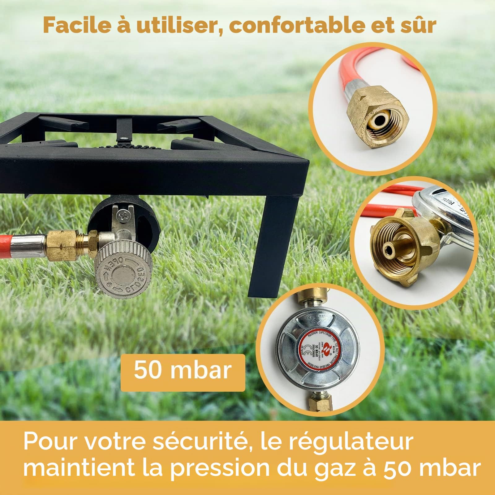 Réchaud à gaz portable 8KW pour camping en plein air 25 x 25 x 11 cm, réchaud de camping à gaz, avec tuyau de propane de 150 cm et régulateur de pression de gaz 50 mbar à débit constant
