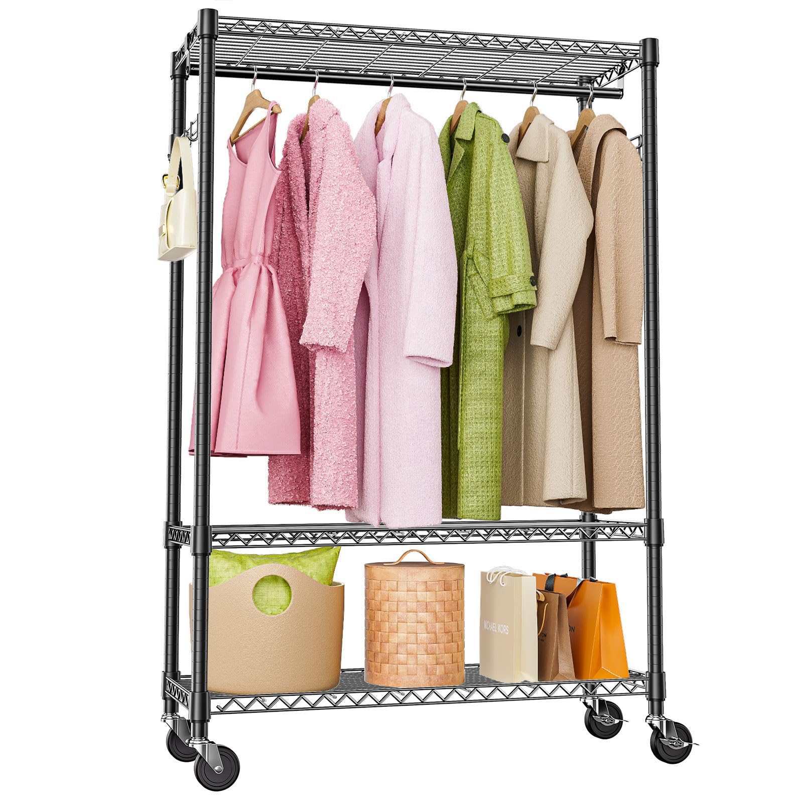 M MZG Heavy Duty Rolling Garment Rack 3 Tiers Adjustable Wire Shelving Clothes Rack with 1 Rods and Side Hooks,Storage Closet Clothing Rack with