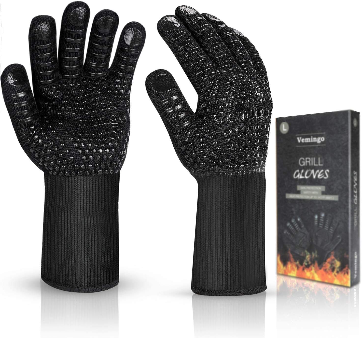 BBQ Gloves 1472°F Extreme Heat Resistant Ov Grill Gloves Heat Proof/Fireproof Gloves Oven Mitts Barbecue Gloves for Smoker/Grilling/Cooking/Baking 12.5CM Large, Black
