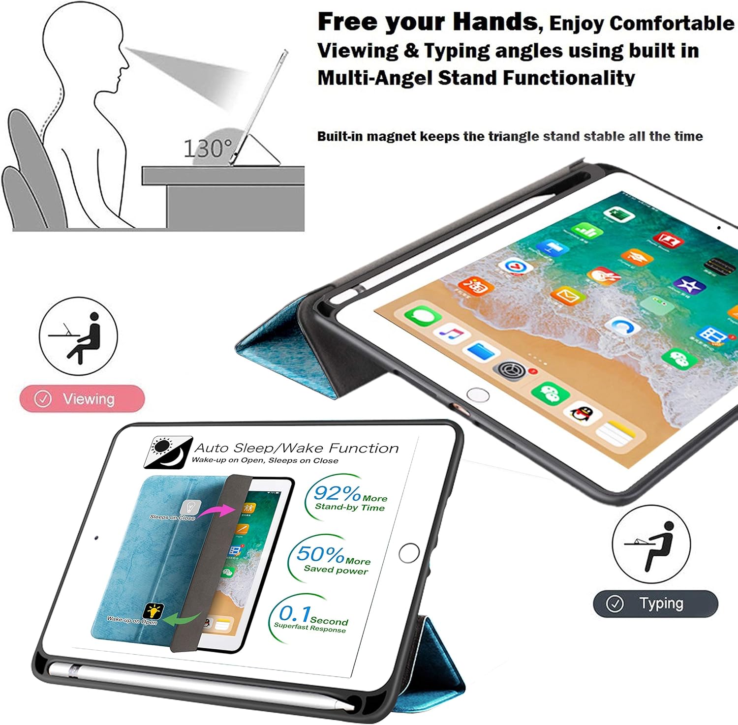 DuraSafe Cases for iPad Air 4 5 6 2020 2022 2024 10.9 11 Pencil Holder A2588 A2589 A2591 A2316 MM9E3LL/A MM9D3LL/A MME23LL/A MM9C3LL/A MM9F3LL/A MYFQ2LL/A MYFM2LL/A MYFR2LL/A MM9N3LL/A - Sky Blue
