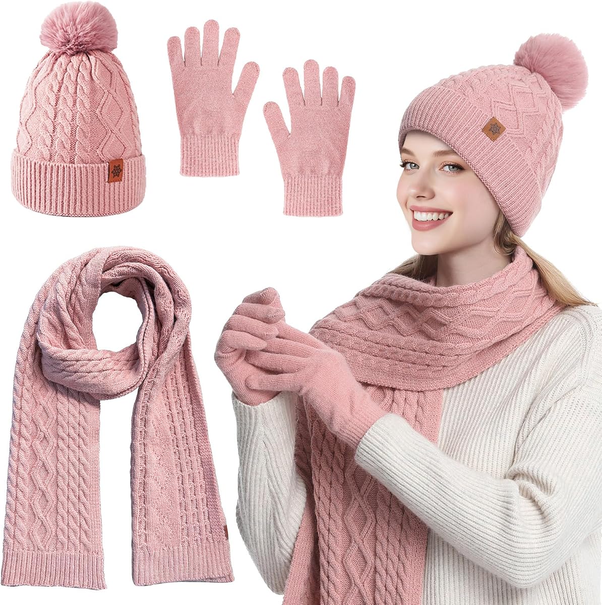 QUIRAI Winter Hat Gloves Scarf Set Women, Fleece-Lined 3-Piece Set | Pom-pom beanie, neck warmer and touchscreen gloves, fleece lined for warmth, for daily wear, travel and skiing, gift set