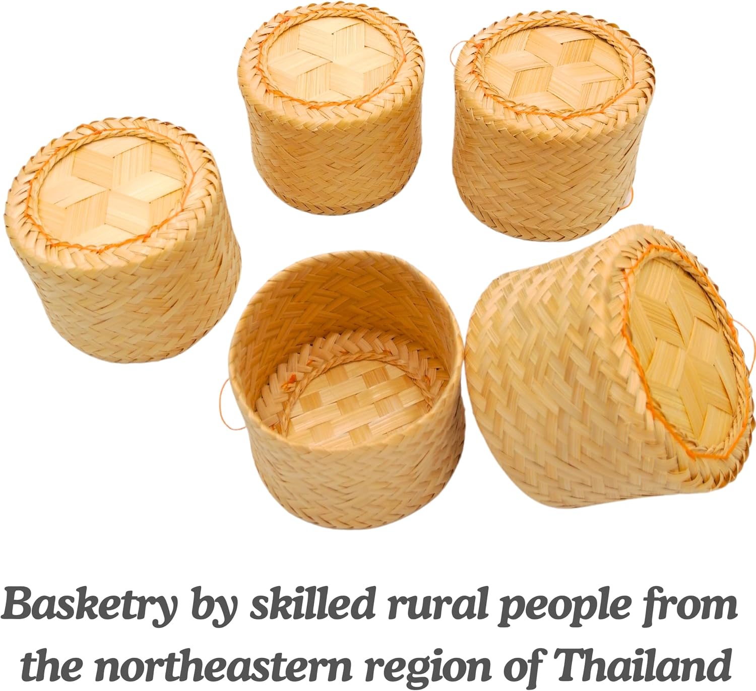 Sticky Rice Basket, Bamboo Rice Serving Basket Container 4 inches, Handmade Kratip Medium Size, Thai Lao Round Shape (Set of 4)