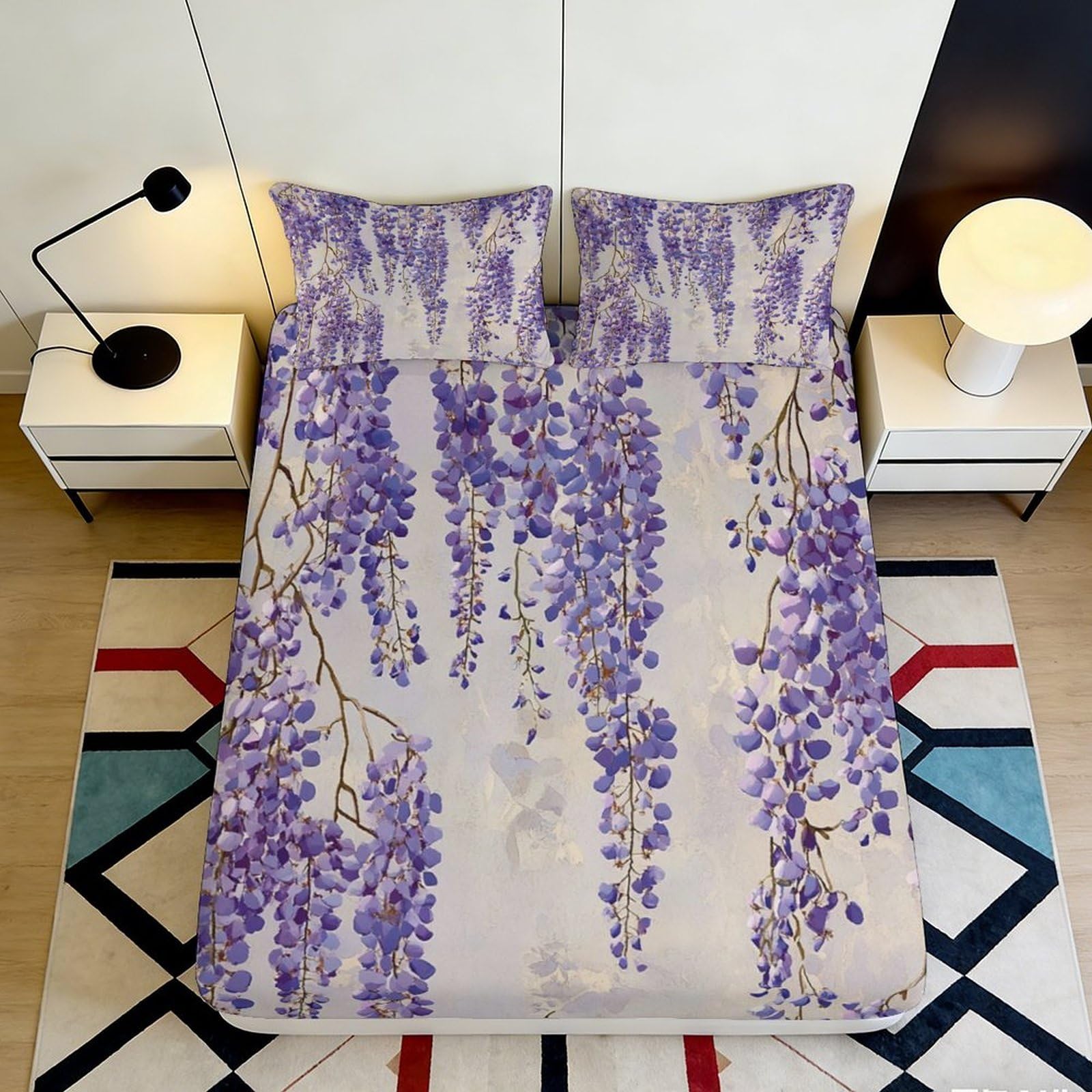 3D Printed Wisteria Blossom Fitted Sheet Microfiber Soft Anti-Slip Purple Hanging Flowers Mattress Cover for Bedroom Dorm Room 180x200x25cm