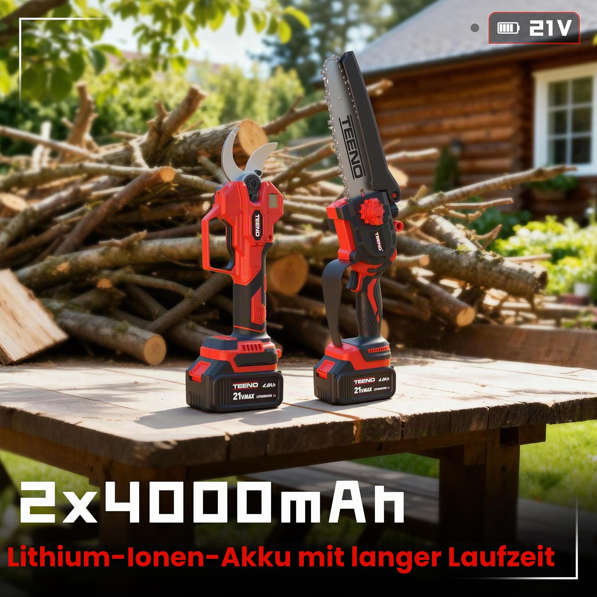 TEENO 2-in-1-Gartenwerkzeug-Set: Mini-Kettensäge mit Akku 6 Zoll + elektrische Gartenschere, kabellos, 0 – 40 mm, 2 x 4,0 Ah Batterien, Klingen aus SK5-Stahl für Schneiden von Stämmen und Ästen