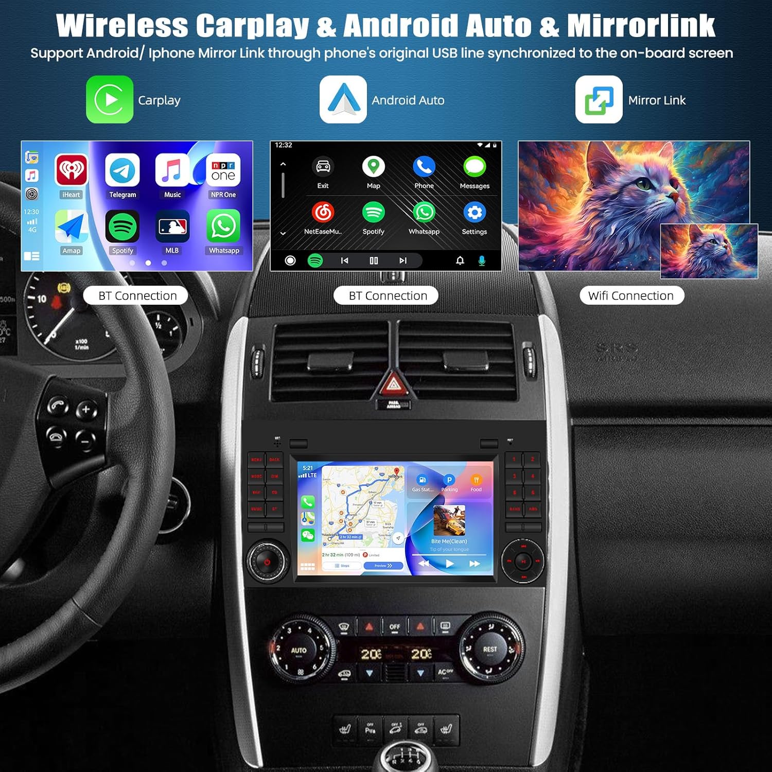 Screenshot of the autoradio display showing Wireless Carplay, Android Auto, and Mirrorlink interfaces. Carplay displays app icons like Maps, Spotify. Android Auto shows navigation and music. Mirrorlink shows a mirrored phone screen.
