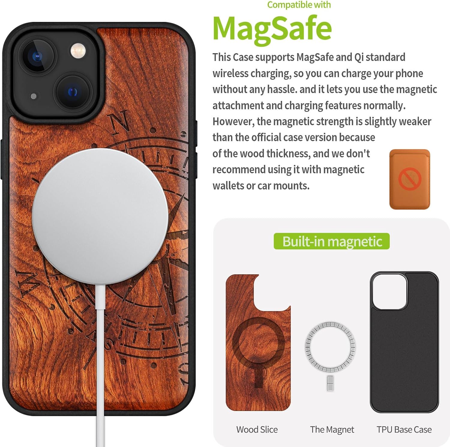 Carveit Magnetic Wooden Case for iPhone 15 Case, Compatible with MagSafe Wireless Chargers, Black Soft TPU Shockproof Cover & Wood Artisan Engraved (Incomplete Compass - Red Wood)
