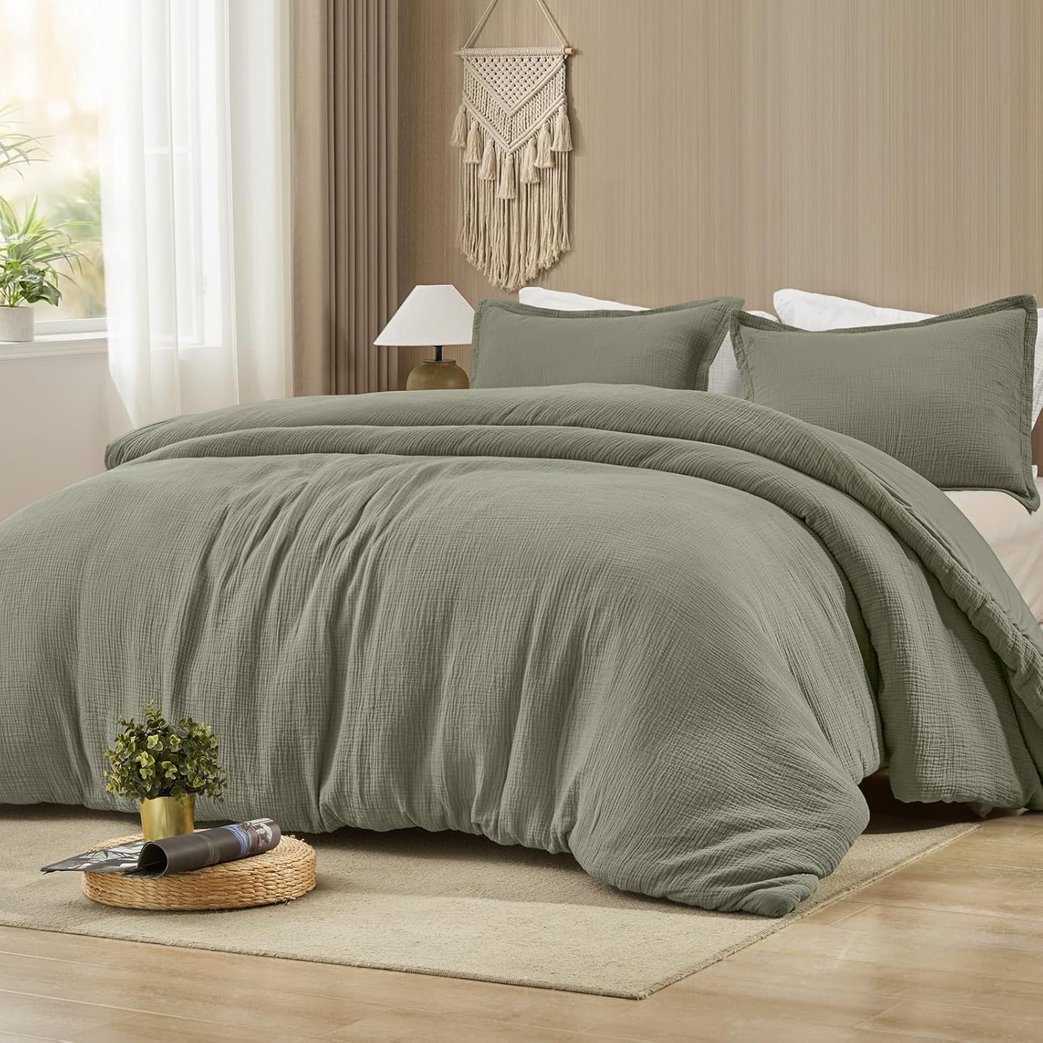 PHF Cotton Muslin Comforter Set King – 100% Cotton Cover, Ultra Soft & Breathable, 3PCS Lightweight All-Season Bedding with Polyester Fill, 1 Comforter 104"x90" & 2 Pillow Shams 20"x36", Dusty Sage