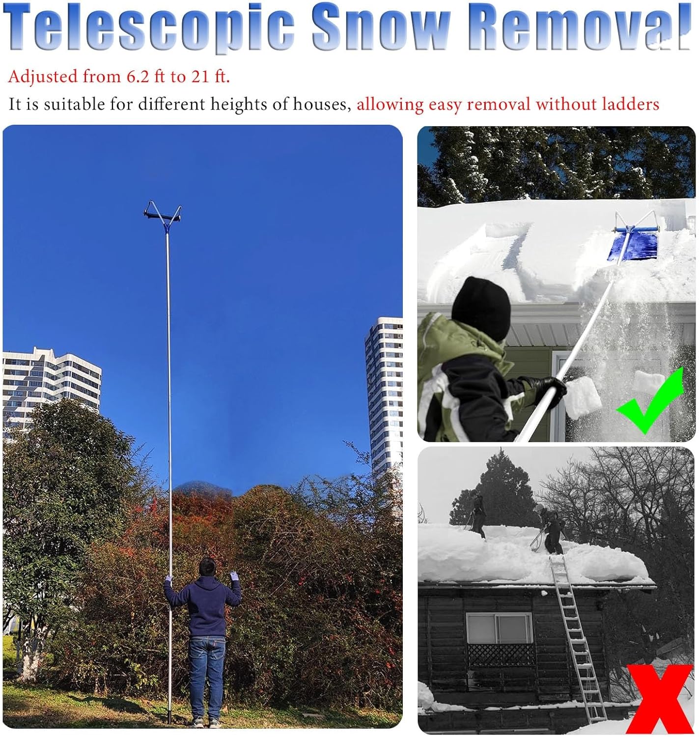 Roof Snow Rake Removal Tool Kit, 1.9-6.5 m Extendable House Roof Snow Scraper with Oxford Cloth & Anti-Slip Handle, Clearing Shovel for Car Snow