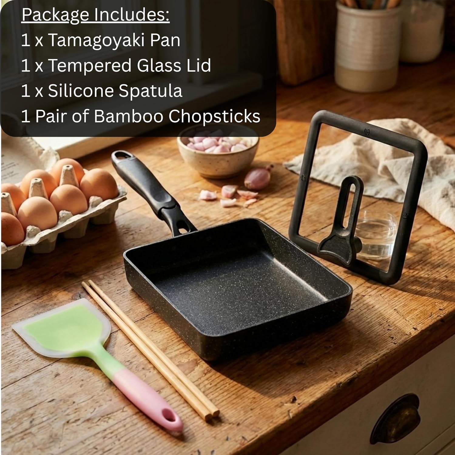 HAPPI STUDIO Tamagoyaki Pan - Japanese Egg Pan with Lid - Japanese Omelette Pan Rectangular - Rolled Omelet Nonstick Square Frying Pan - Tamago Cooking Pan Induction Compatible 7x6