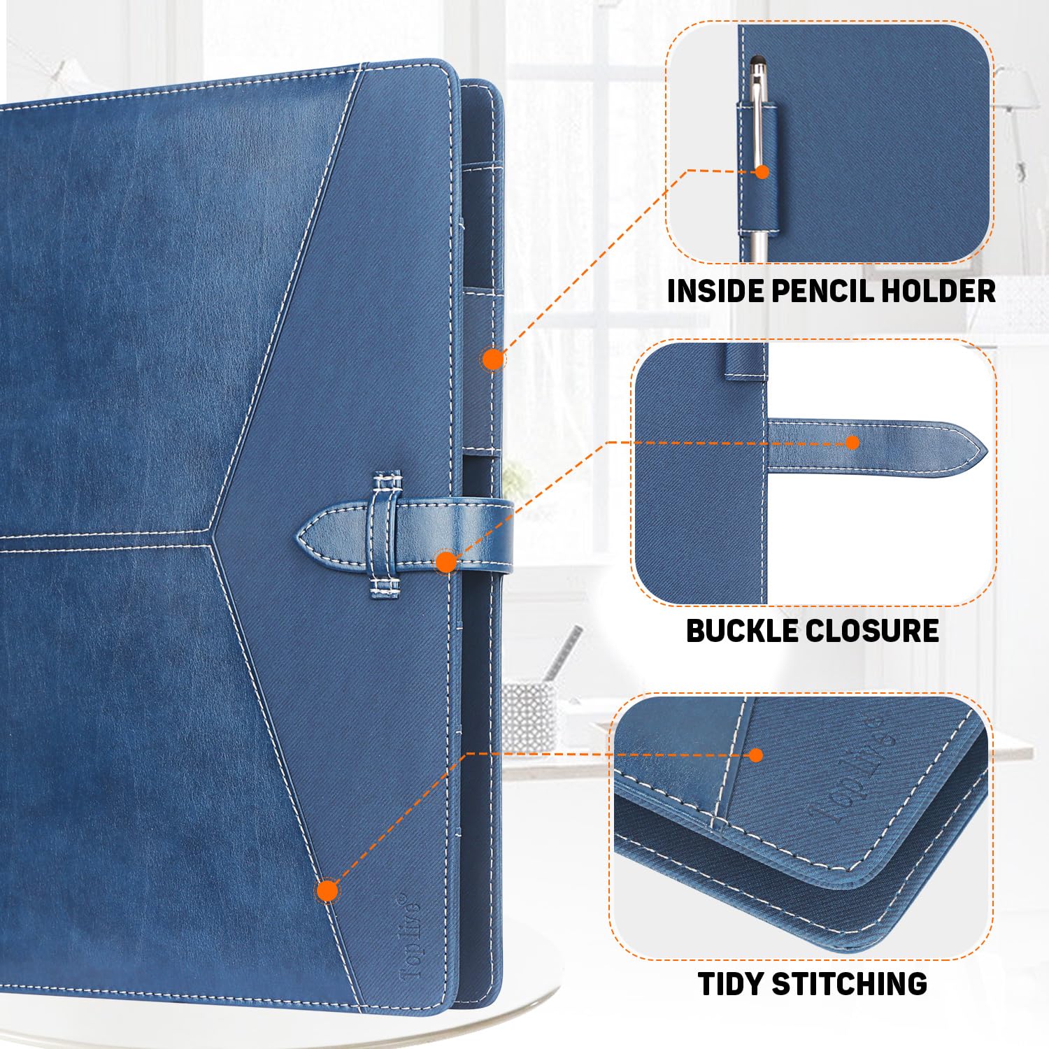 Toplive Padfolio segregator z 3 pierścieniami, teczka biznesowa, teczka dla kobiet, format A4, ze skóry PU, teczka na rozmowę kwalifikacyjną, konferencję, prezentację, niebieski